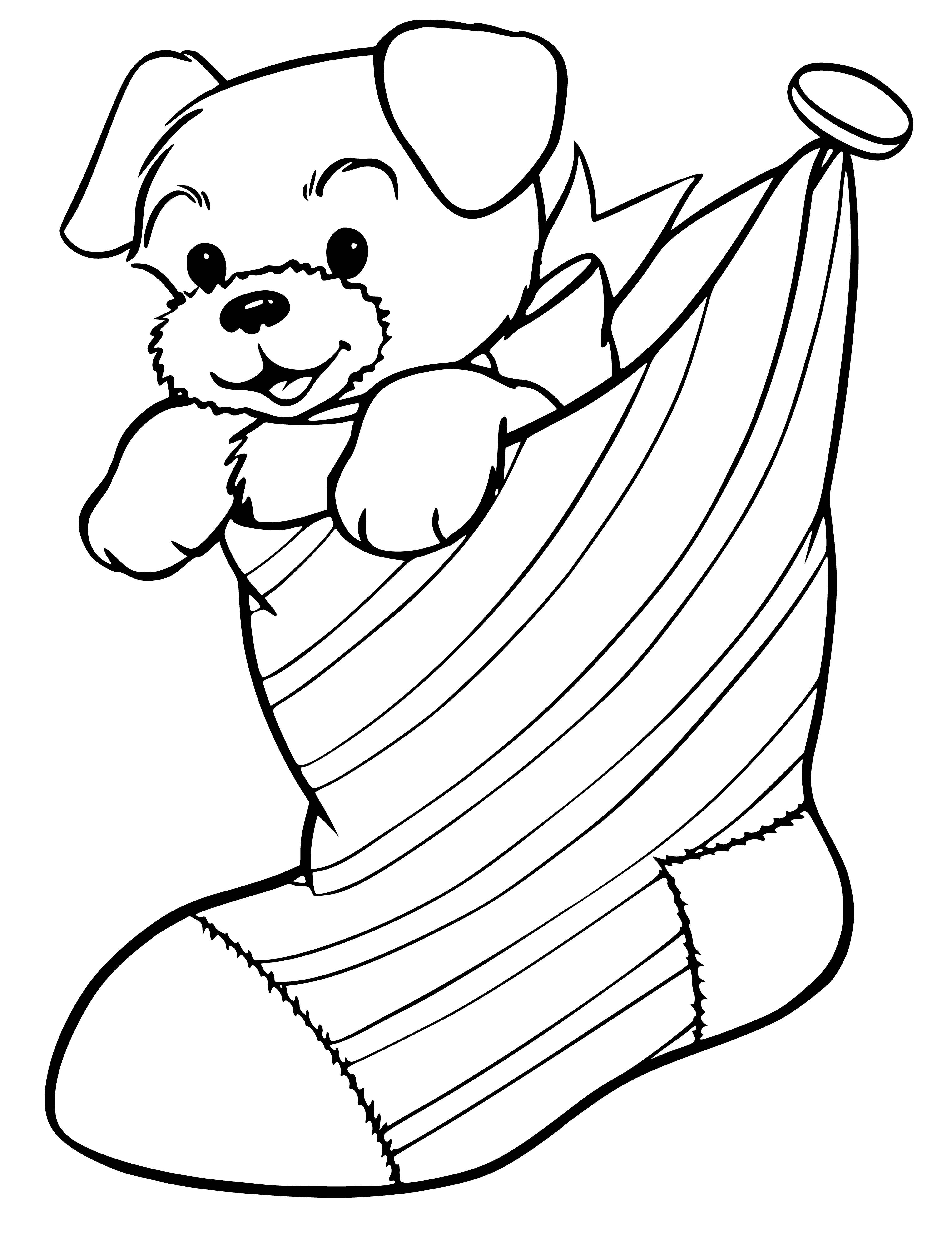 coloring page: Christmas socks with a cute black & white puppy wearing a Santa hat, on a green background with red & white stripes.