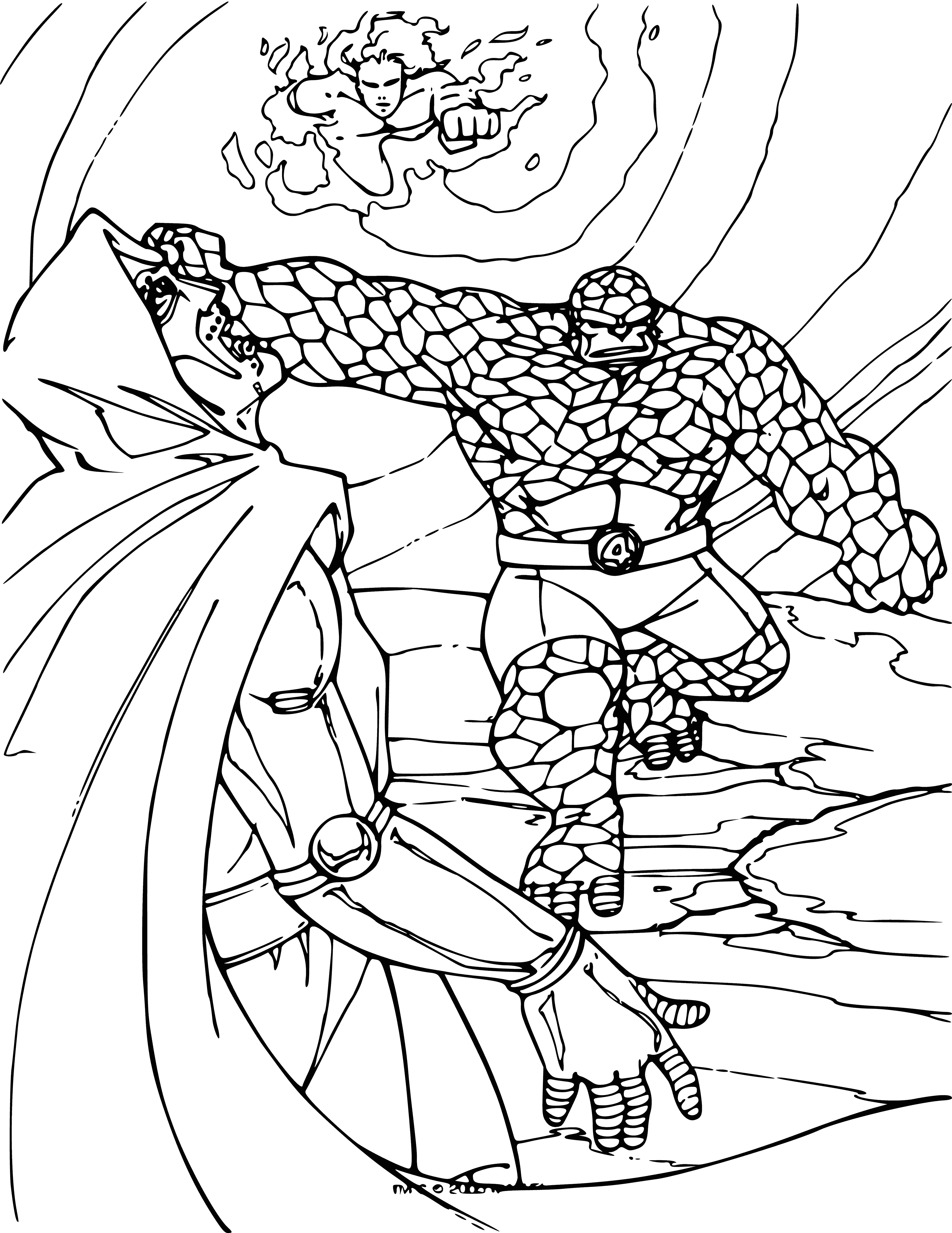 coloring page: The Fantastic Four are a team of four superheroes in Marvel Comics - Mr. Fantastic, The Invisible Woman, Human Torch and the Thing.