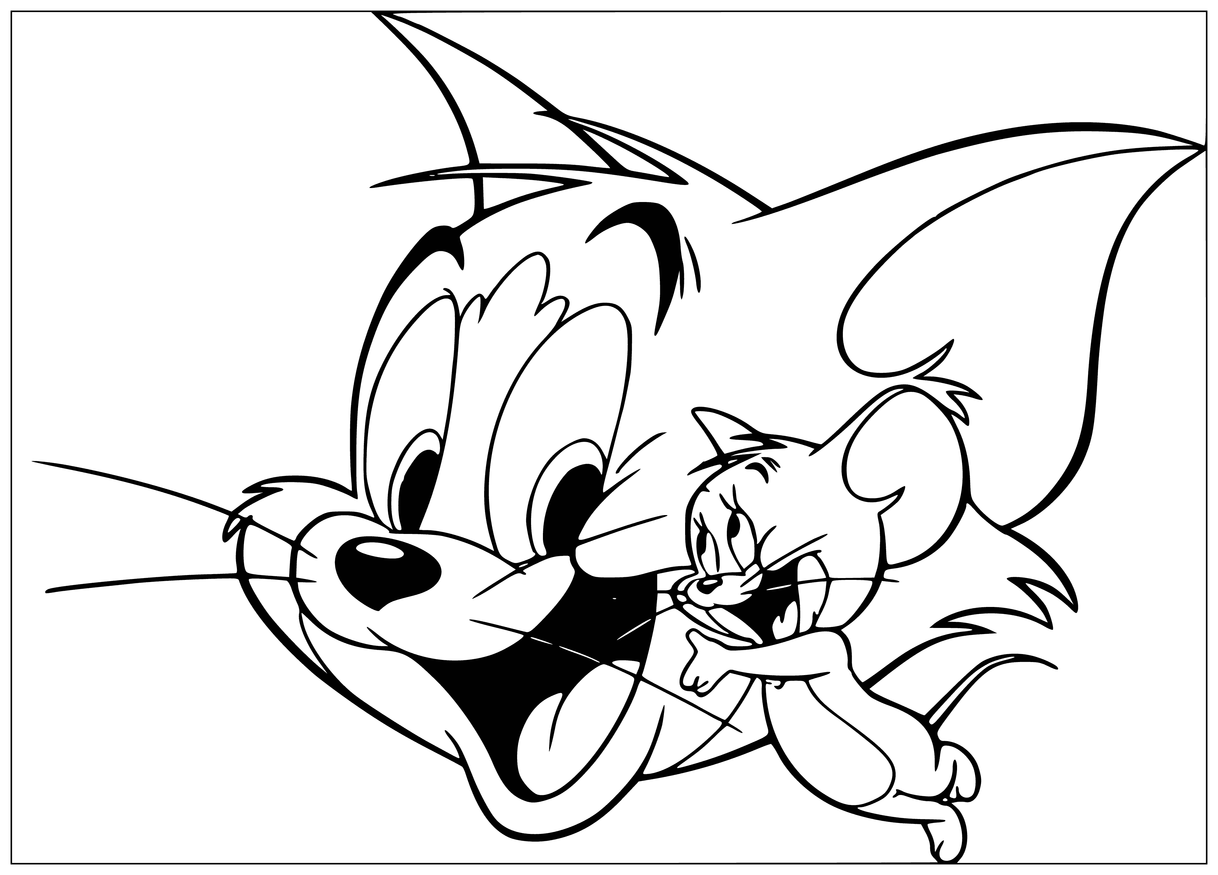 coloring page: Tom and Jerry are engaged in a heated fight in a kitchen, with the cat wielding a bat and the mouse biting his hand.