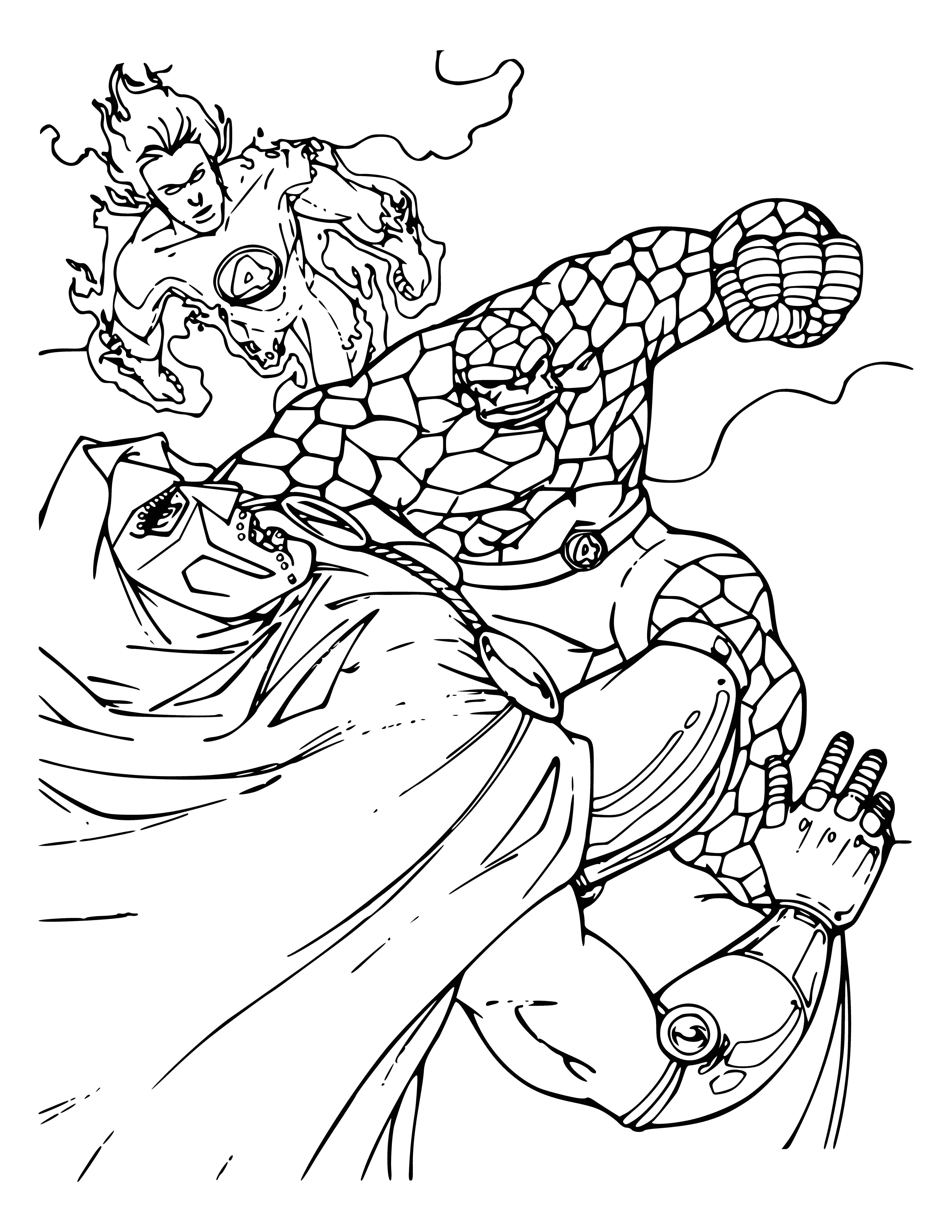 coloring page: The Fantastic Four use their powers in tandem to defeat an unknown enemy. Mr. Fantastic ties, Invisible Woman creates a force field, Human Torch attacks with fire, and Thing uses strength.