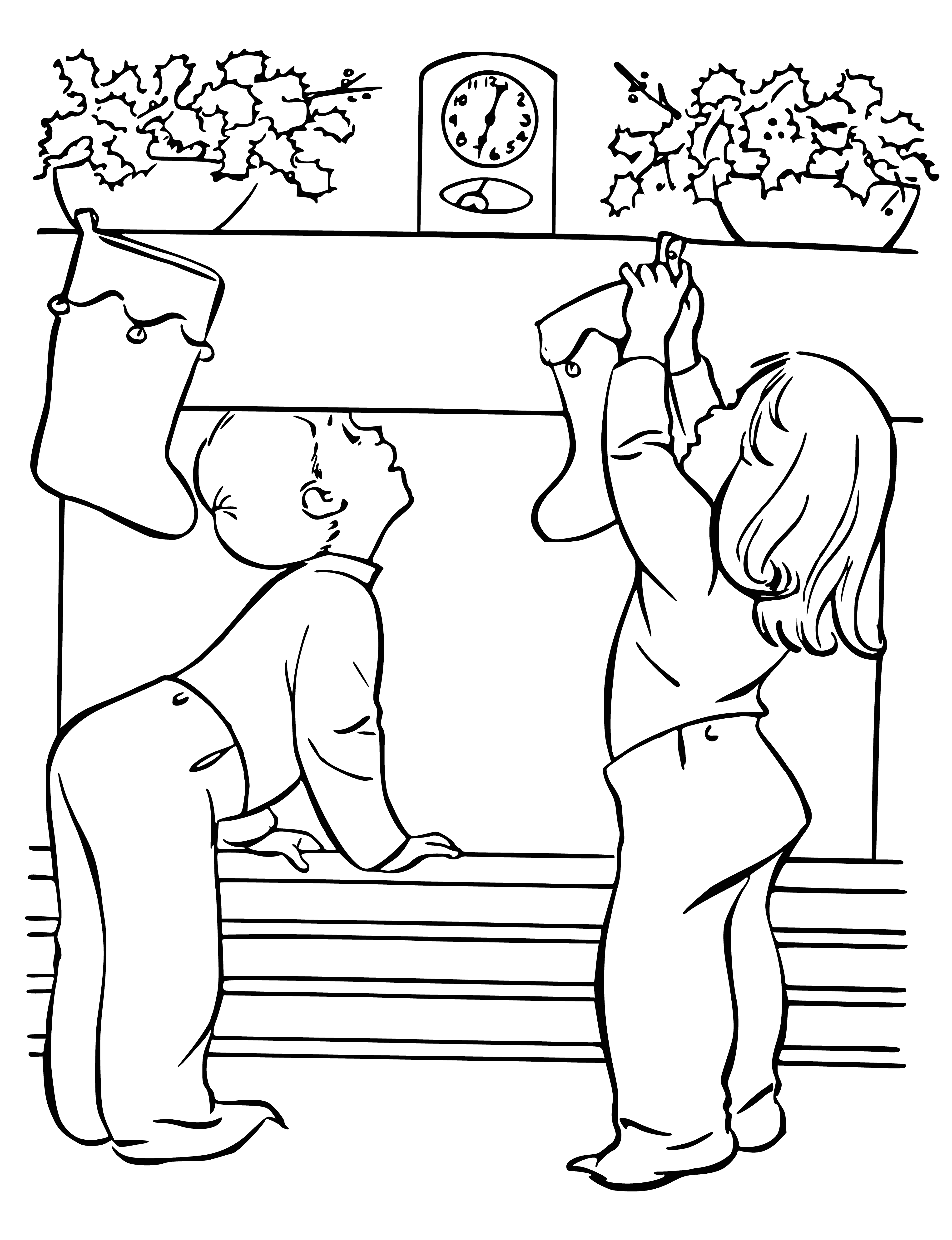 coloring page: Christmas fireplace w/burning log & presents filled socks, rug w/Christmas wreath in center.