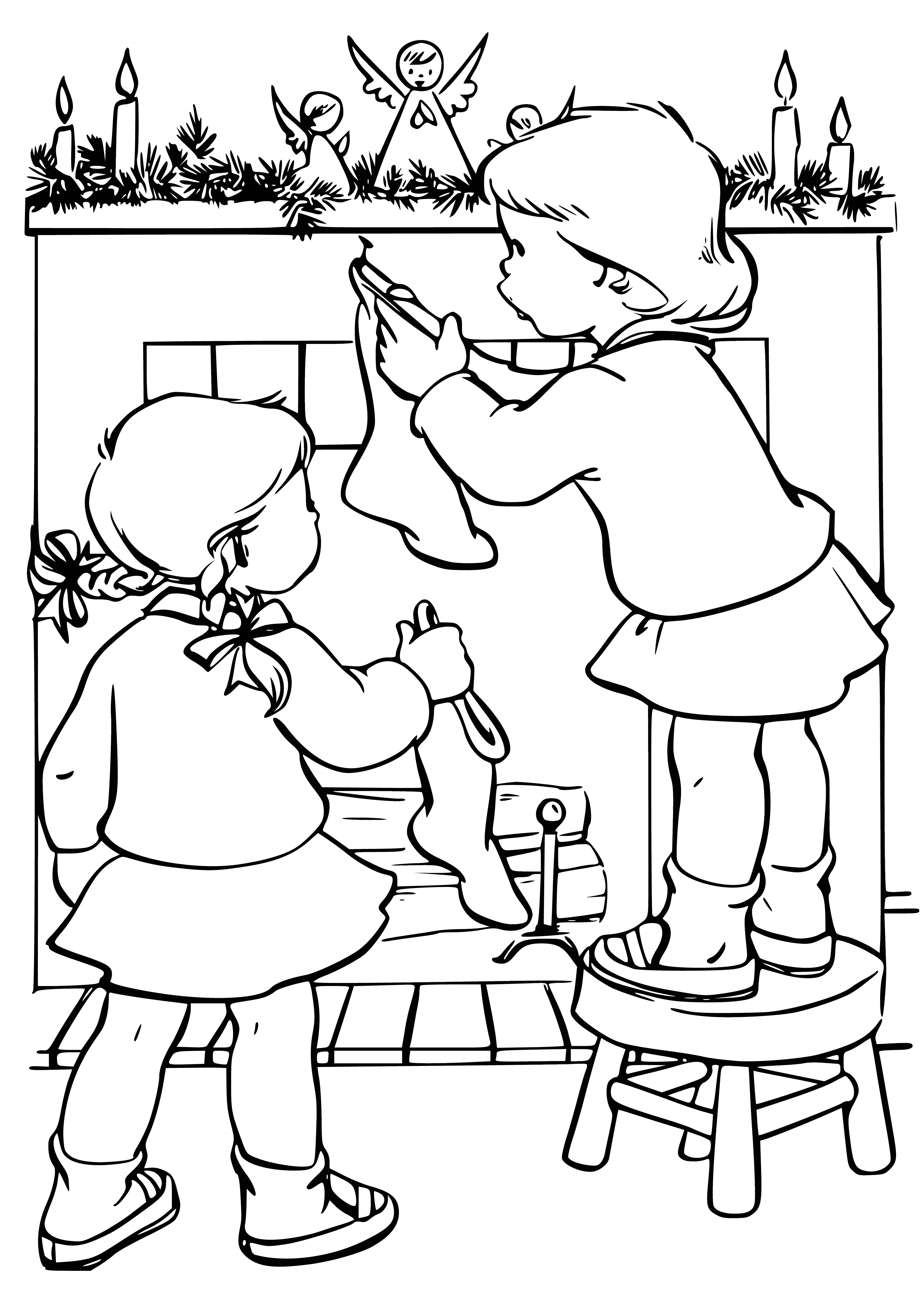 coloring page: -> Two Xmas socks hang, decorated w/ candy canes, gingerbread men, & holly - perfect for holiday cheer!