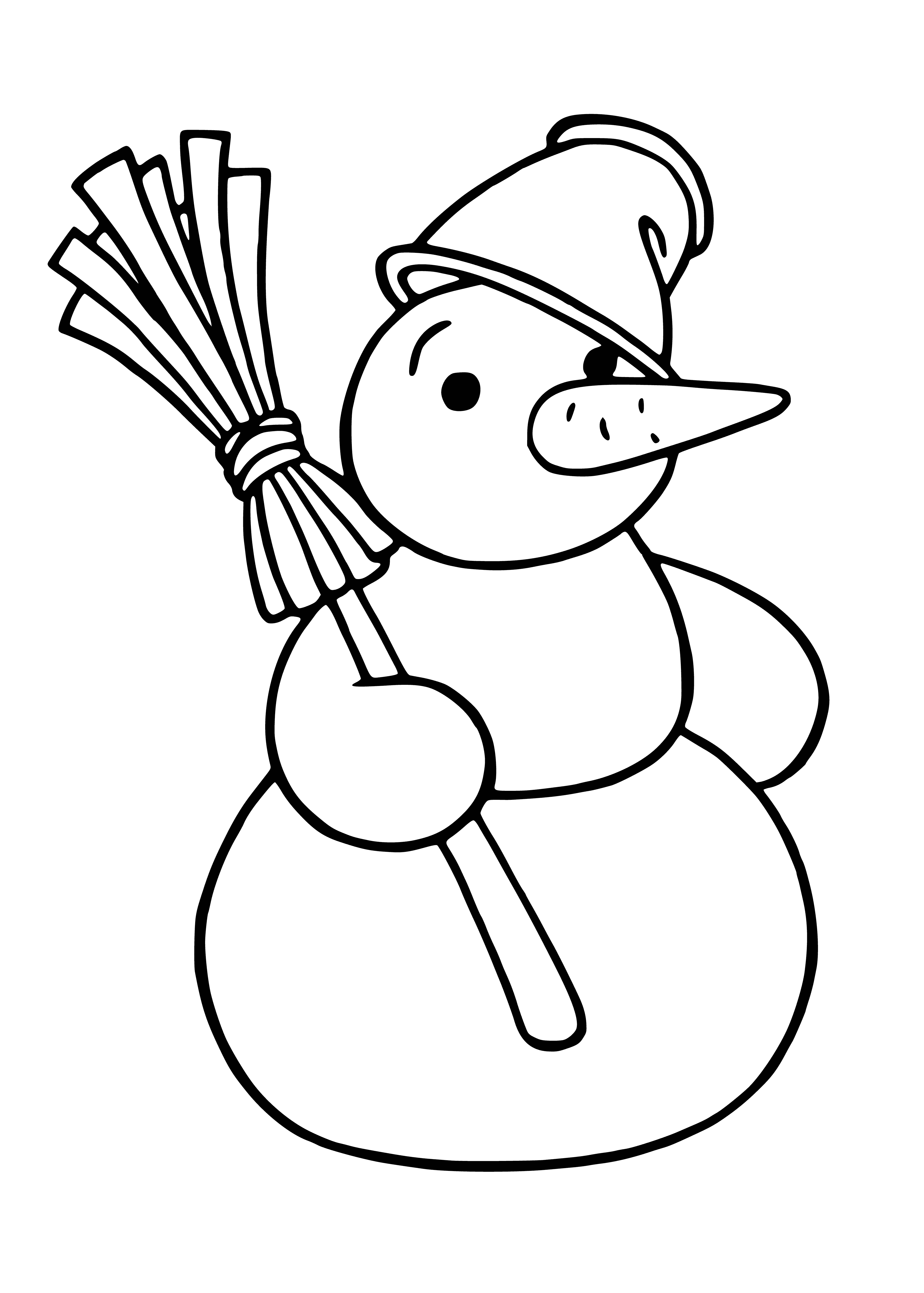 Snowman has carrot nose, coal eyes & mouth, red scarf, & twig arms.