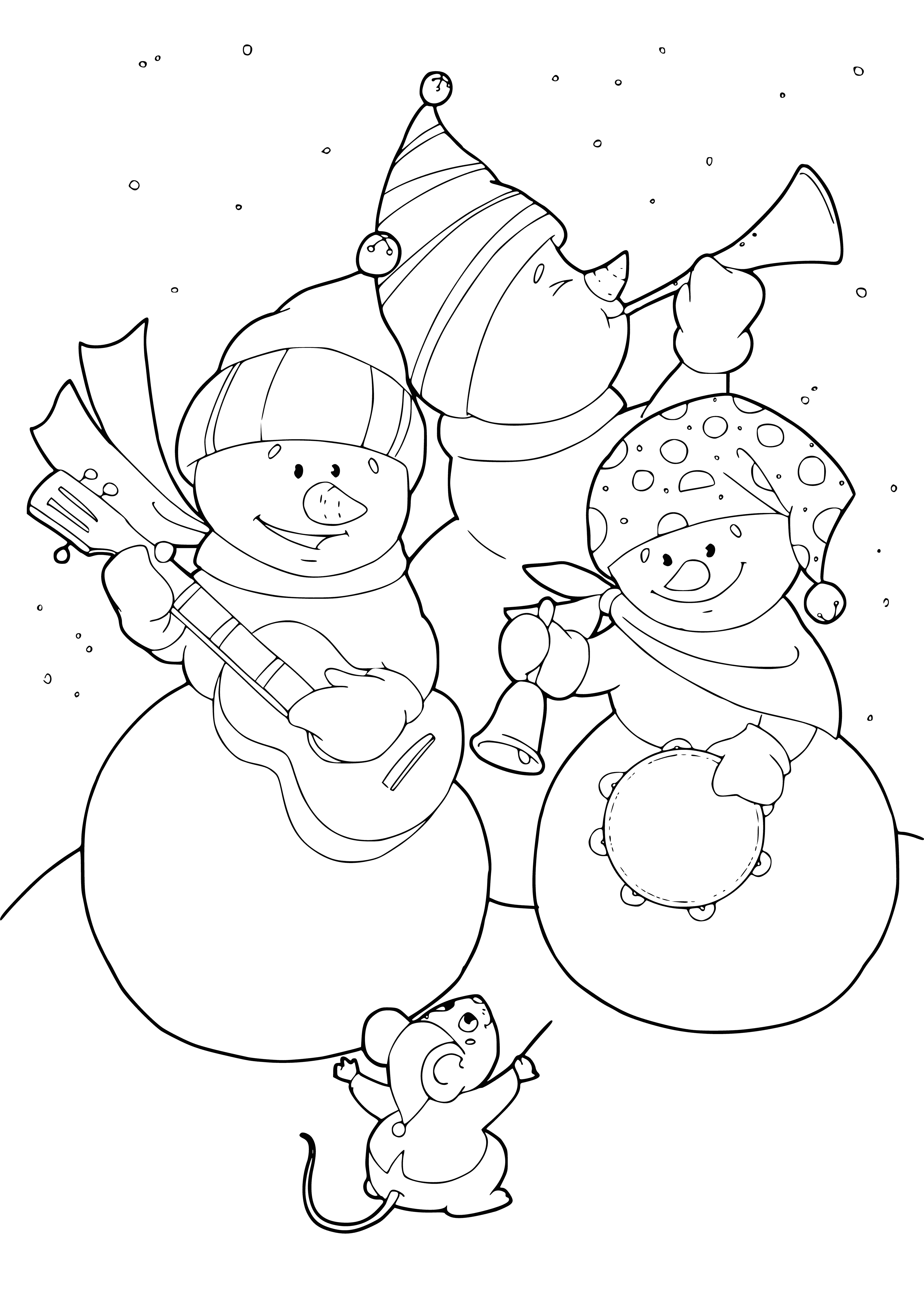 coloring page: Two snowmen, one small & one large-one stands on the other's head, each with coal eyes/nose/mouth & hat/scarf.