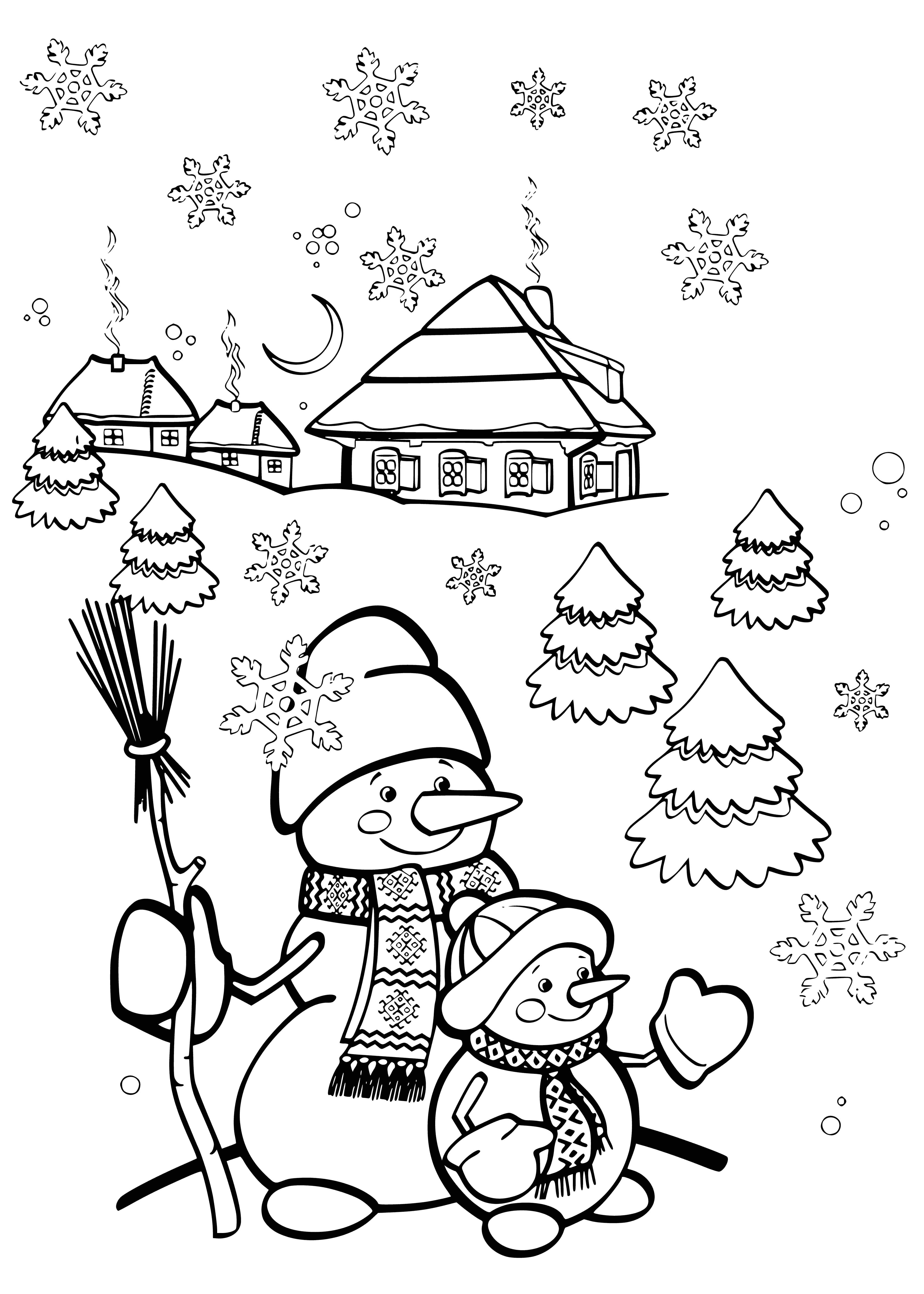 coloring page: 3 snowmen of diff. sizes have carrot, branch & button noses & hats; coal eyes & mouths; sticks for arms. #KidCraft #ColoringPage