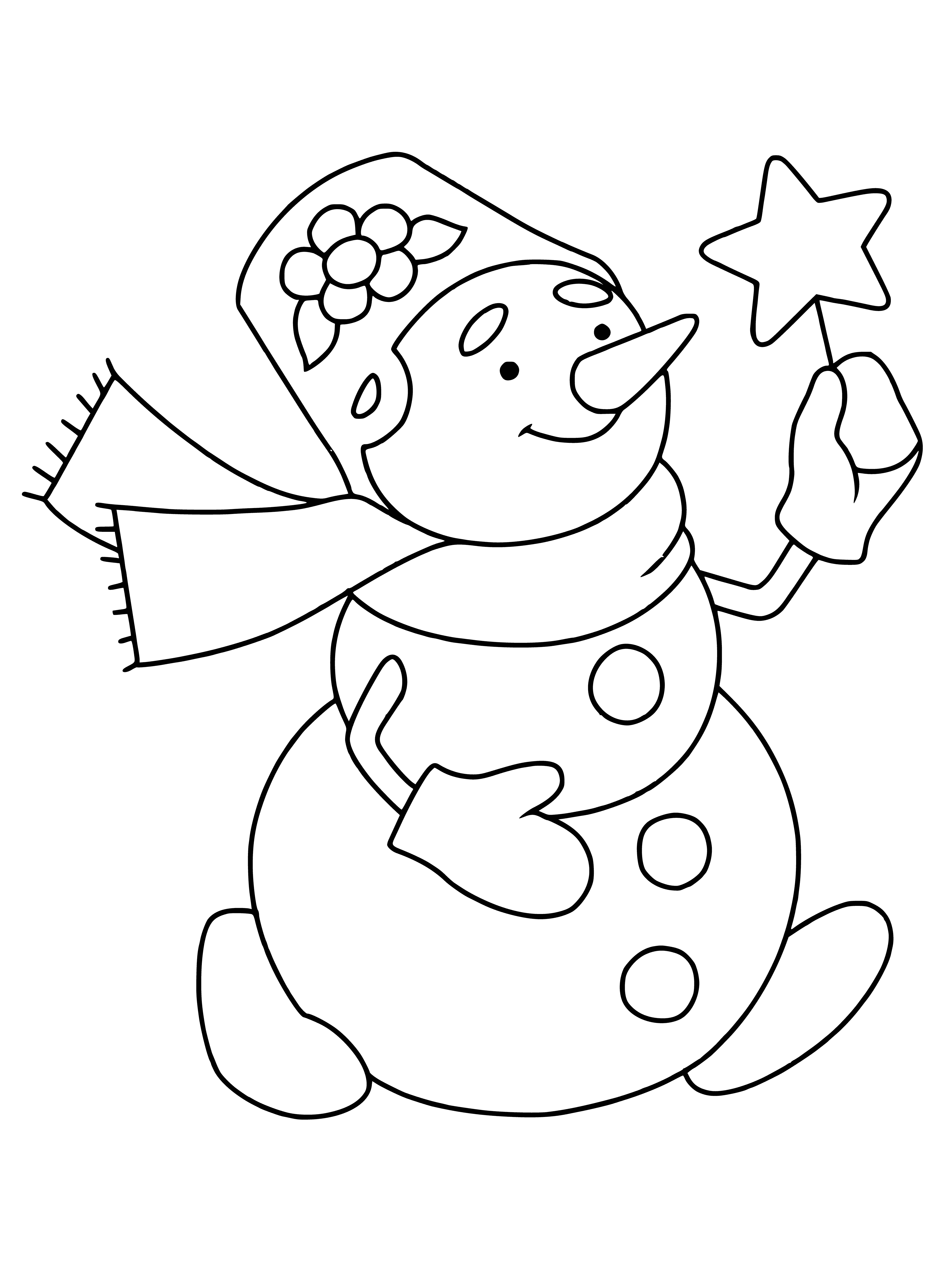 coloring page: Three snowmen, one large and two small, have unique accessories: carrot nose, coal eyes, red/blue scarves and a black top hat.