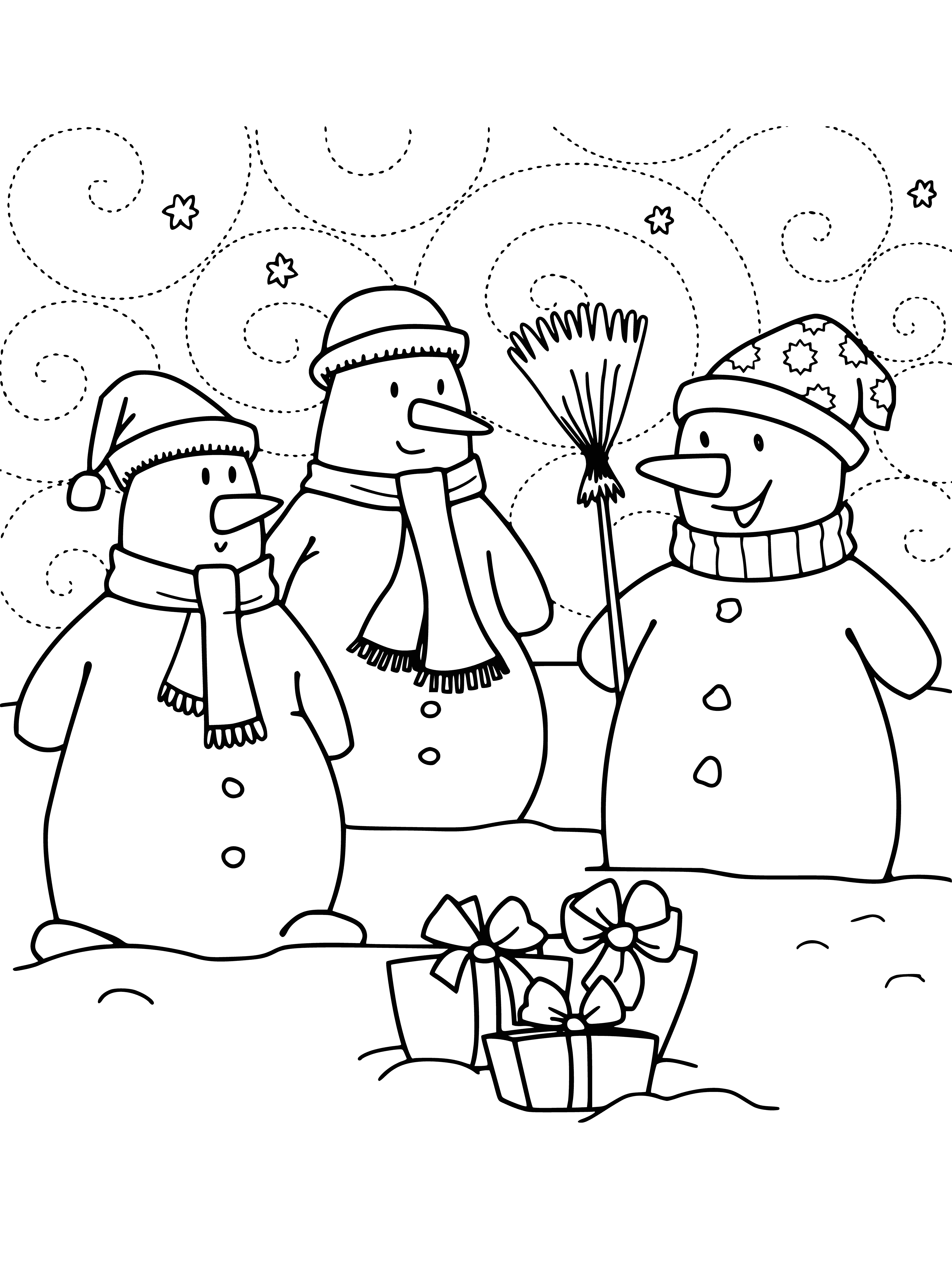 coloring page: Three snowmen, tallest w/ carrot nose, shorter two w/ coal eyes & mouth, all wearing hats & holding sticks. Standing on a layer of snow.