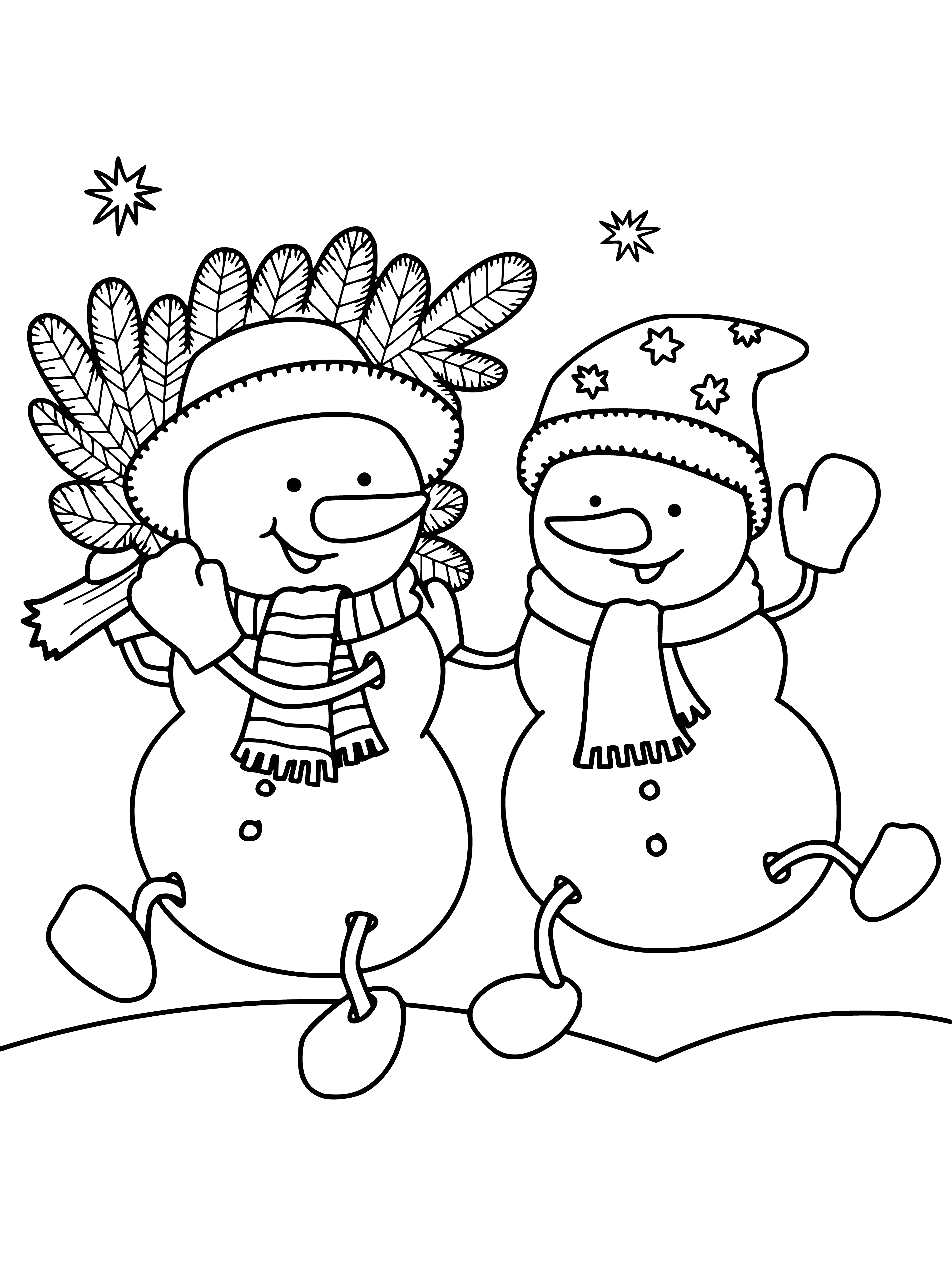 coloring page: Snowmen of different sizes made w/ coals for eyes & carrot nose, plus sticks for arms. Have hats & scarves, w/ snowballs as pets.