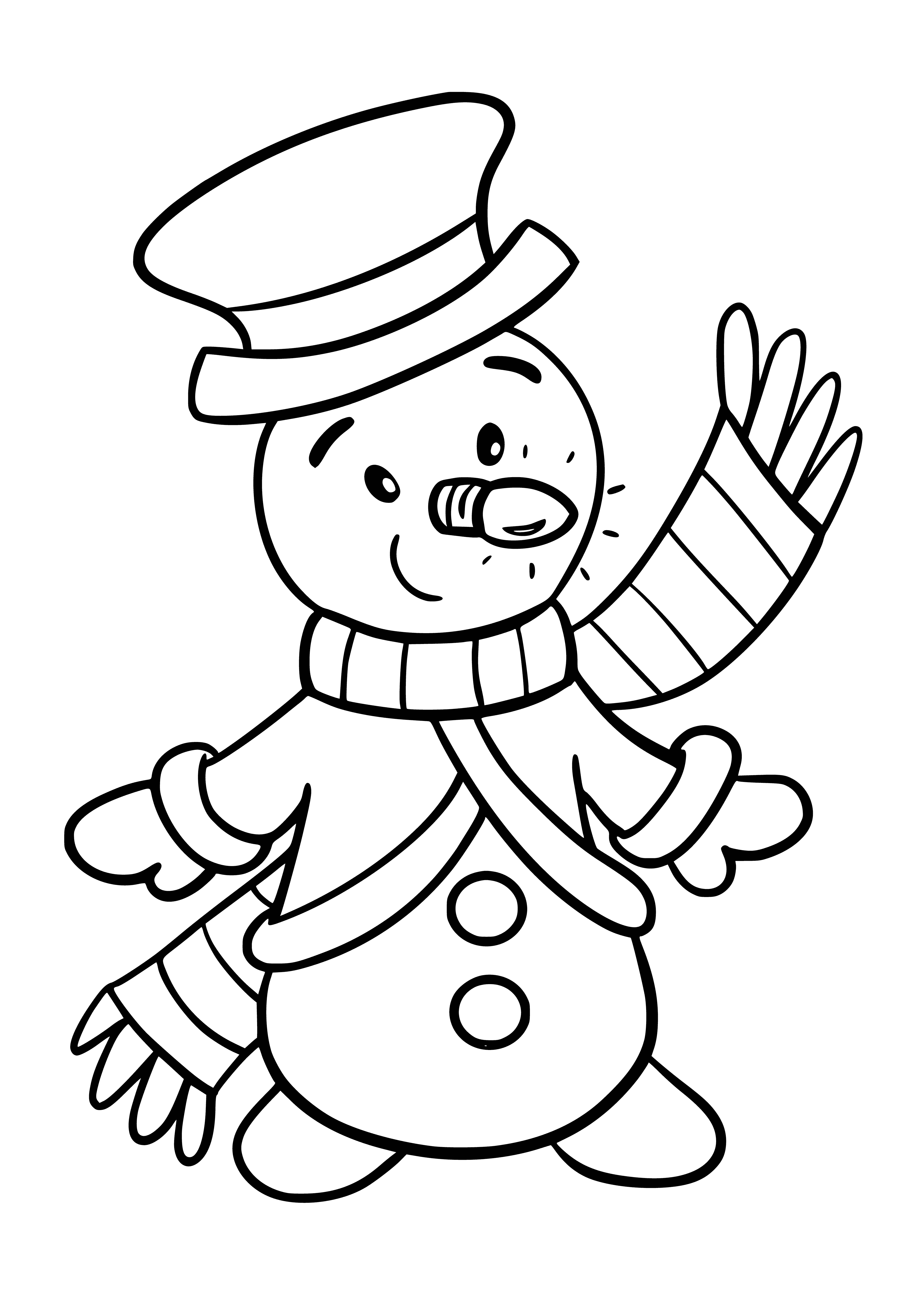 coloring page: Two snowmen, dressed alike, stand side by side with carrot noses & coal eyes; each holds an arm up in the air.