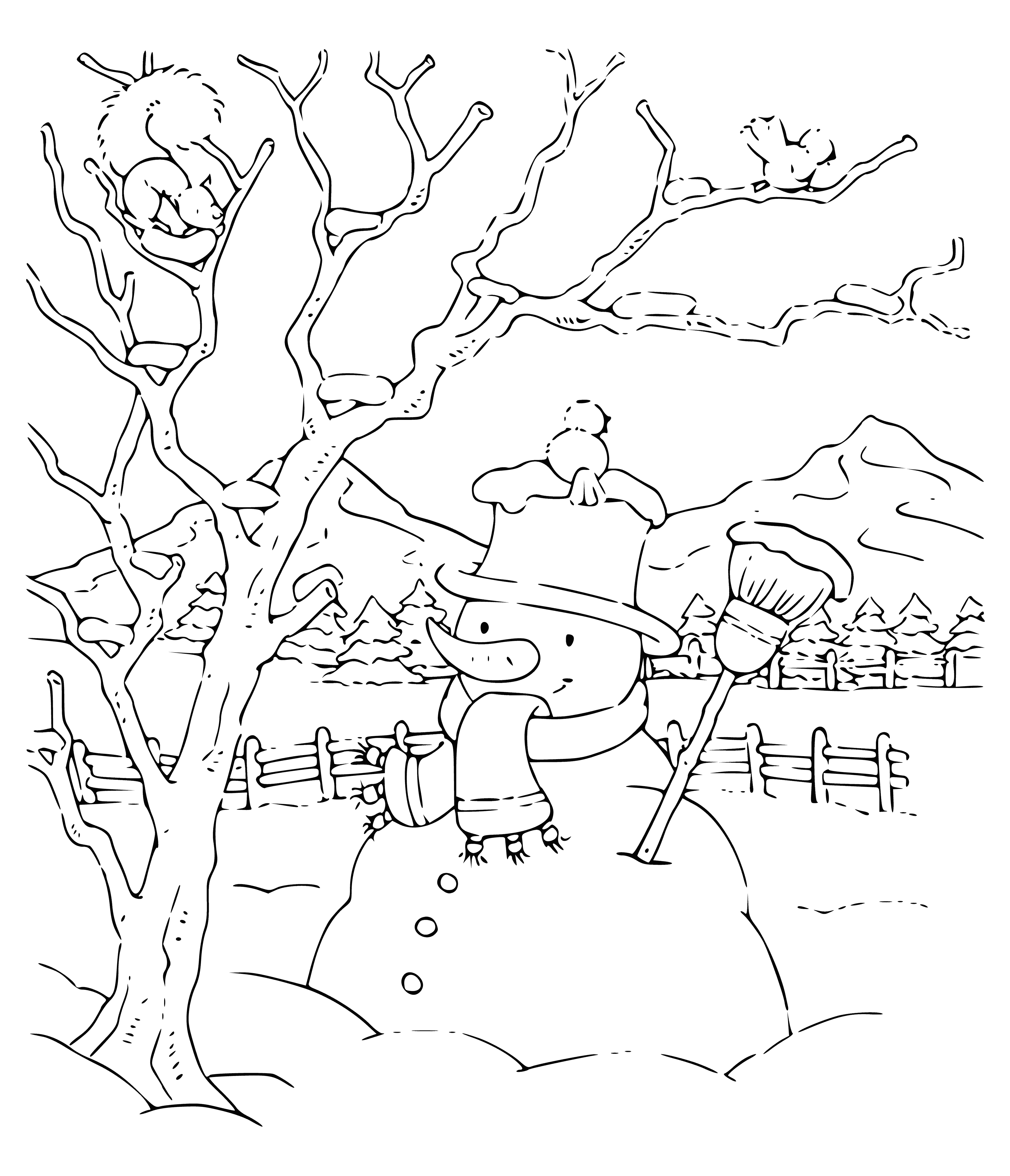 coloring page: Snowman in red & white scarf & hat, eyes of coal, singing & holding scarf. Warm & cheerful winter scene!