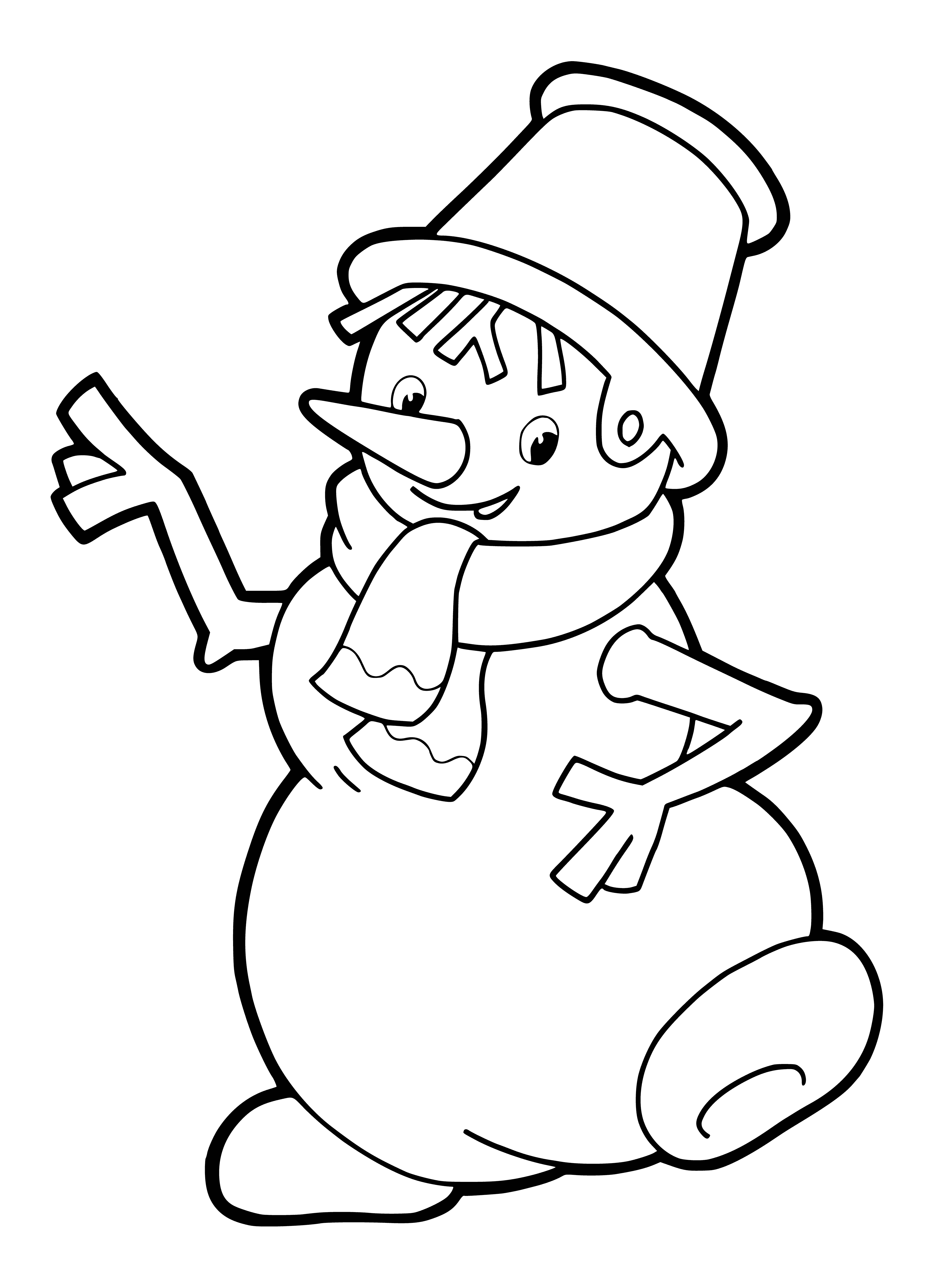 coloring page: Snowmen "dancing" & "playing trumpet" in a circle with hats & holding hands.
