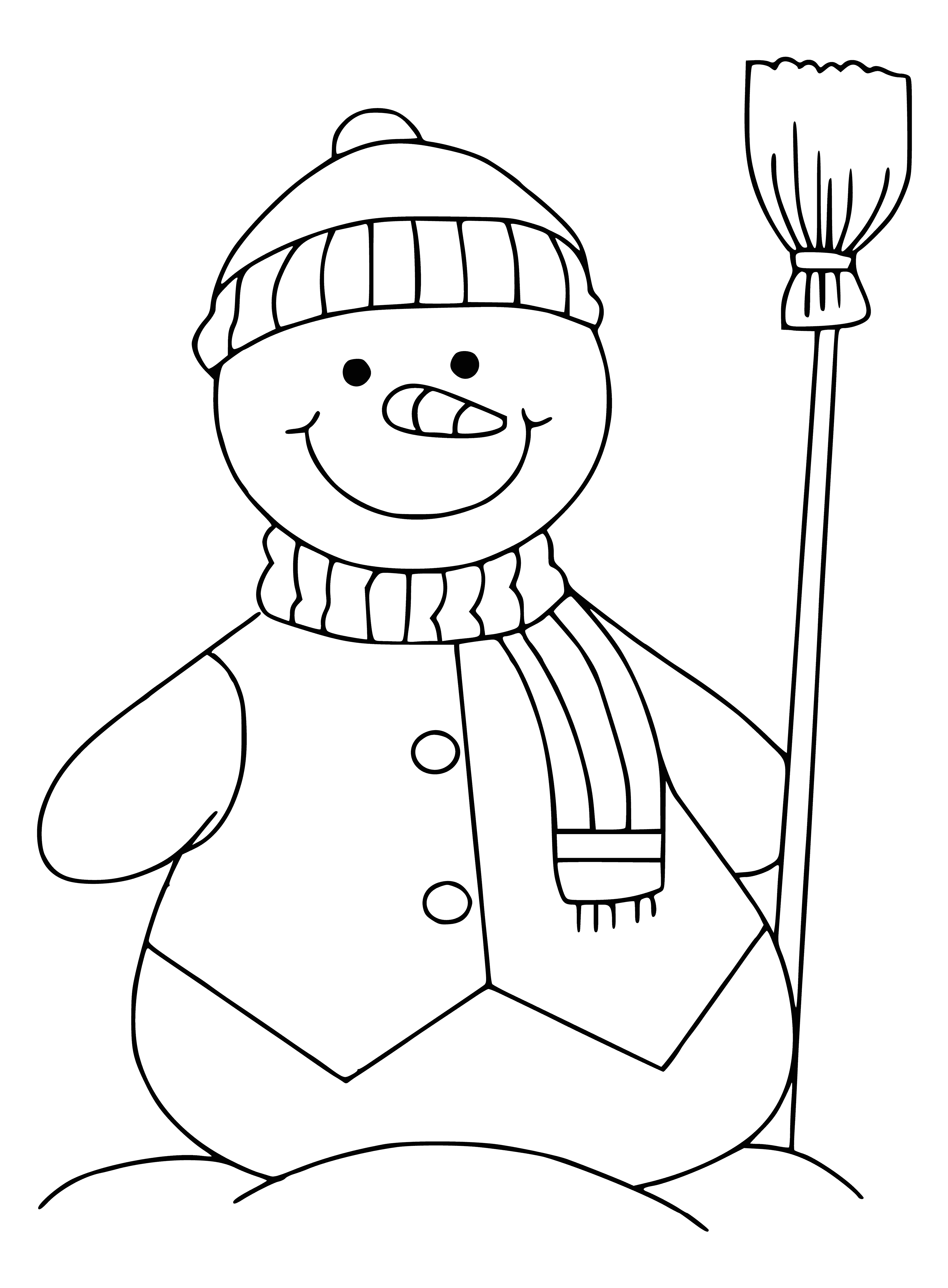 coloring page: Happy snowman with a large smile, arms outstretched, surrounded by a snowman-like scene. #snowman #snowscene