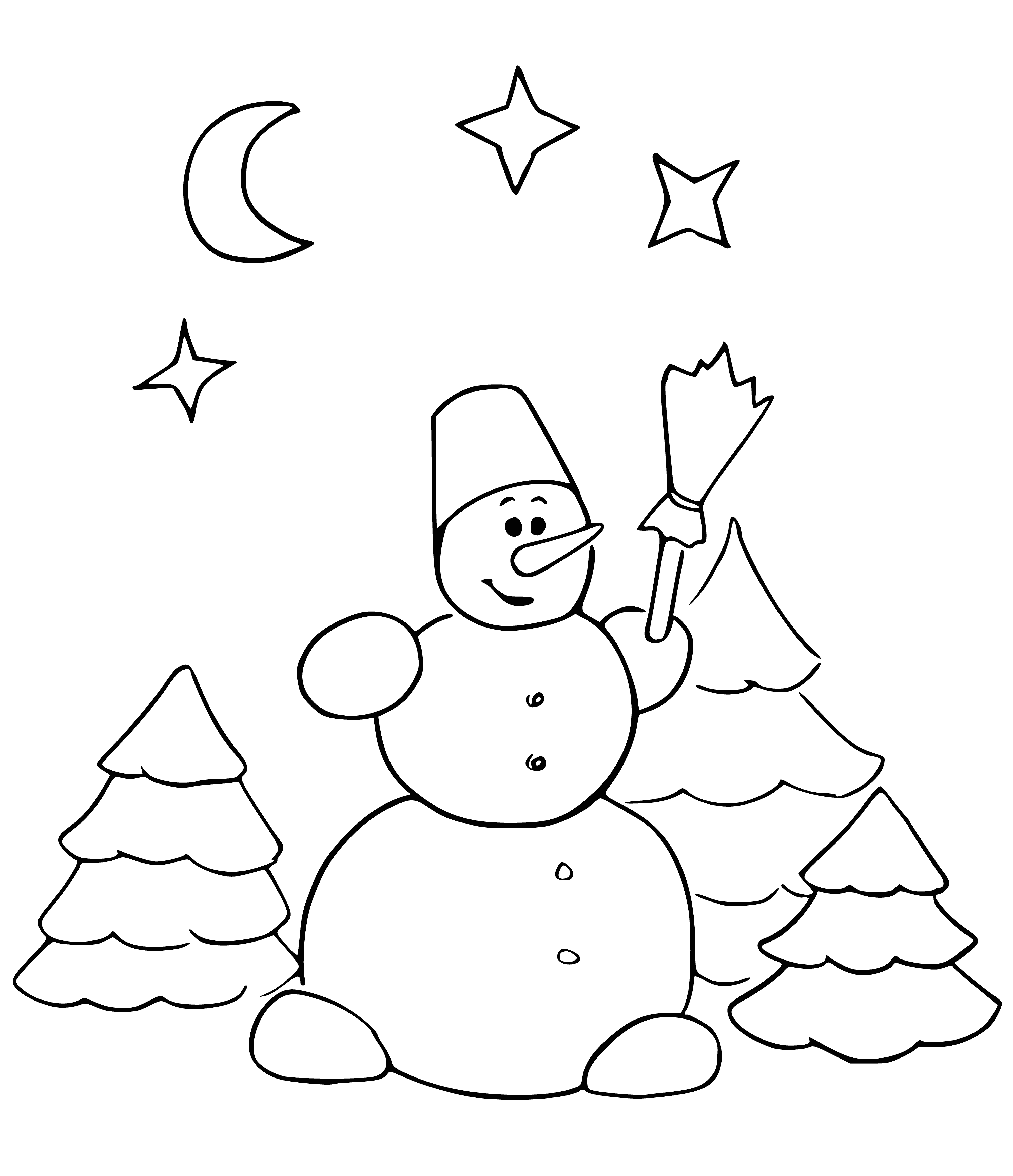 Snowman in a snowy forest wears a red scarf & has a carrot nose. Trees around it also have snow on them & ground is cold & white.