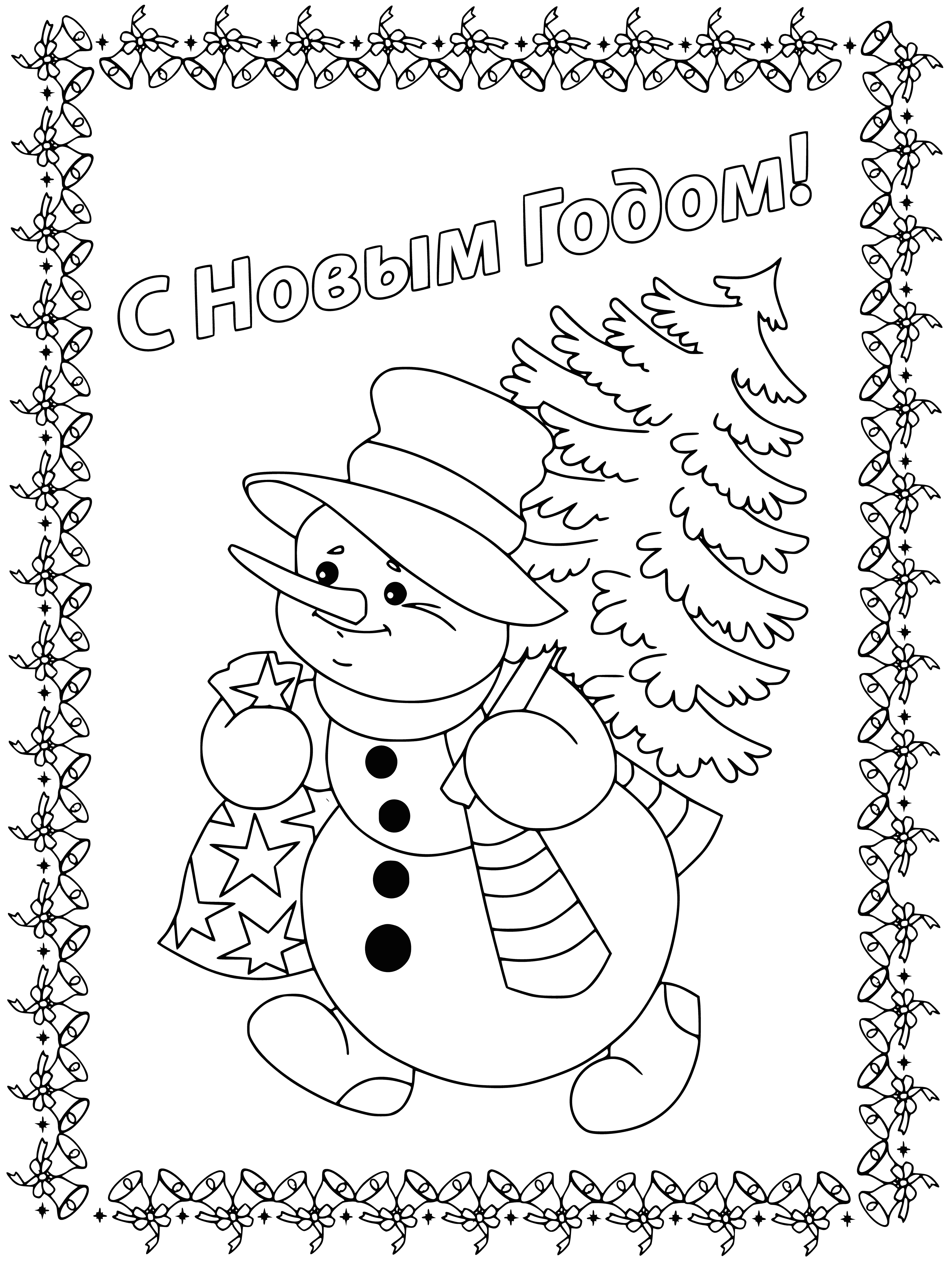 coloring page: Three snowmen, top-hatted & holding noisemakers & a sign, each with twig arms & a carrot nose; two with coal buttons & one with a snowflake button. Happy New Year! #snowmen #HappyNewYear