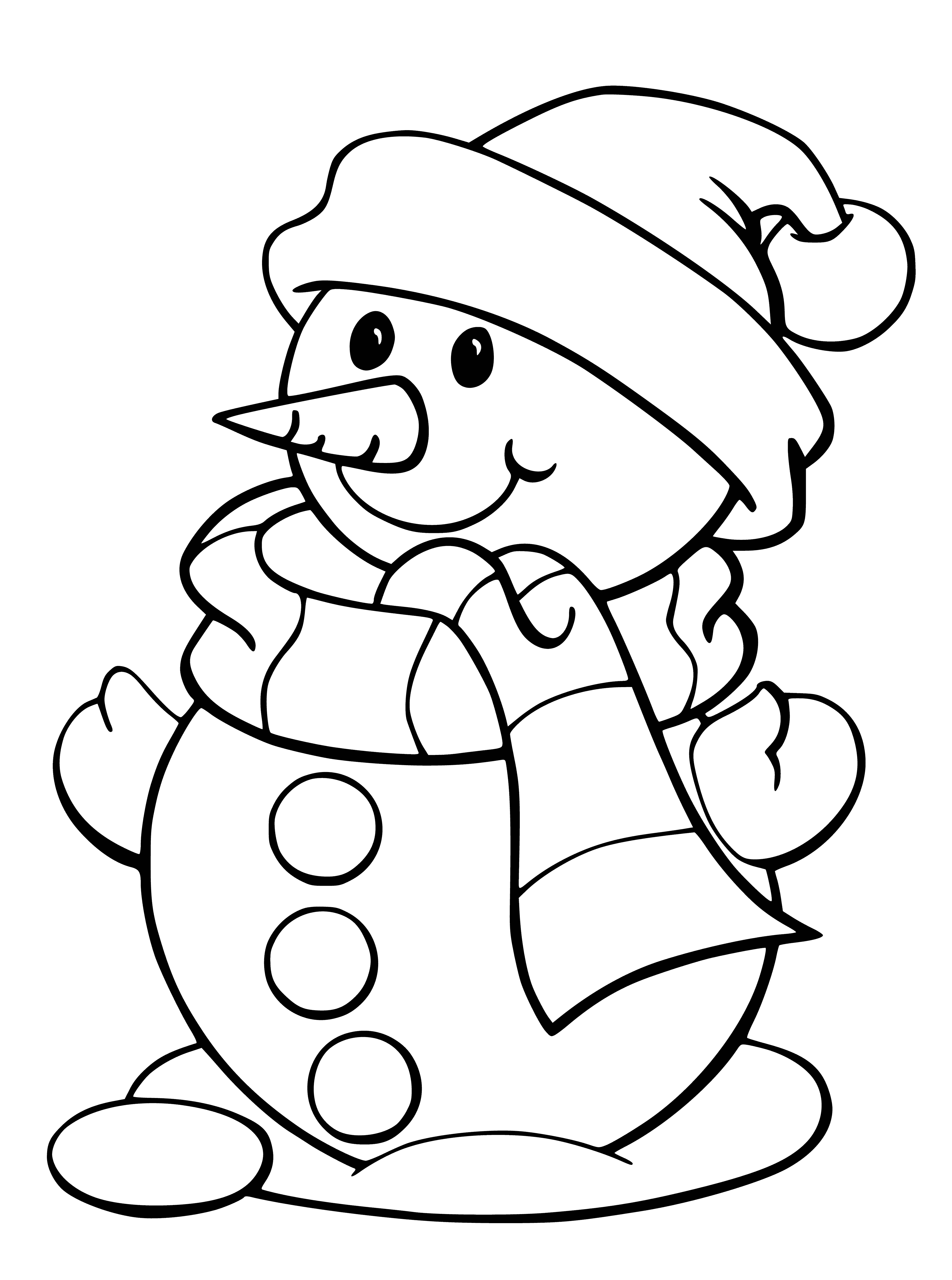 He also has two coal eyes, a carrot nose, and a coal mouth.

A snowman with a scarf and hat, two coal eyes, carrot nose and coal mouth.