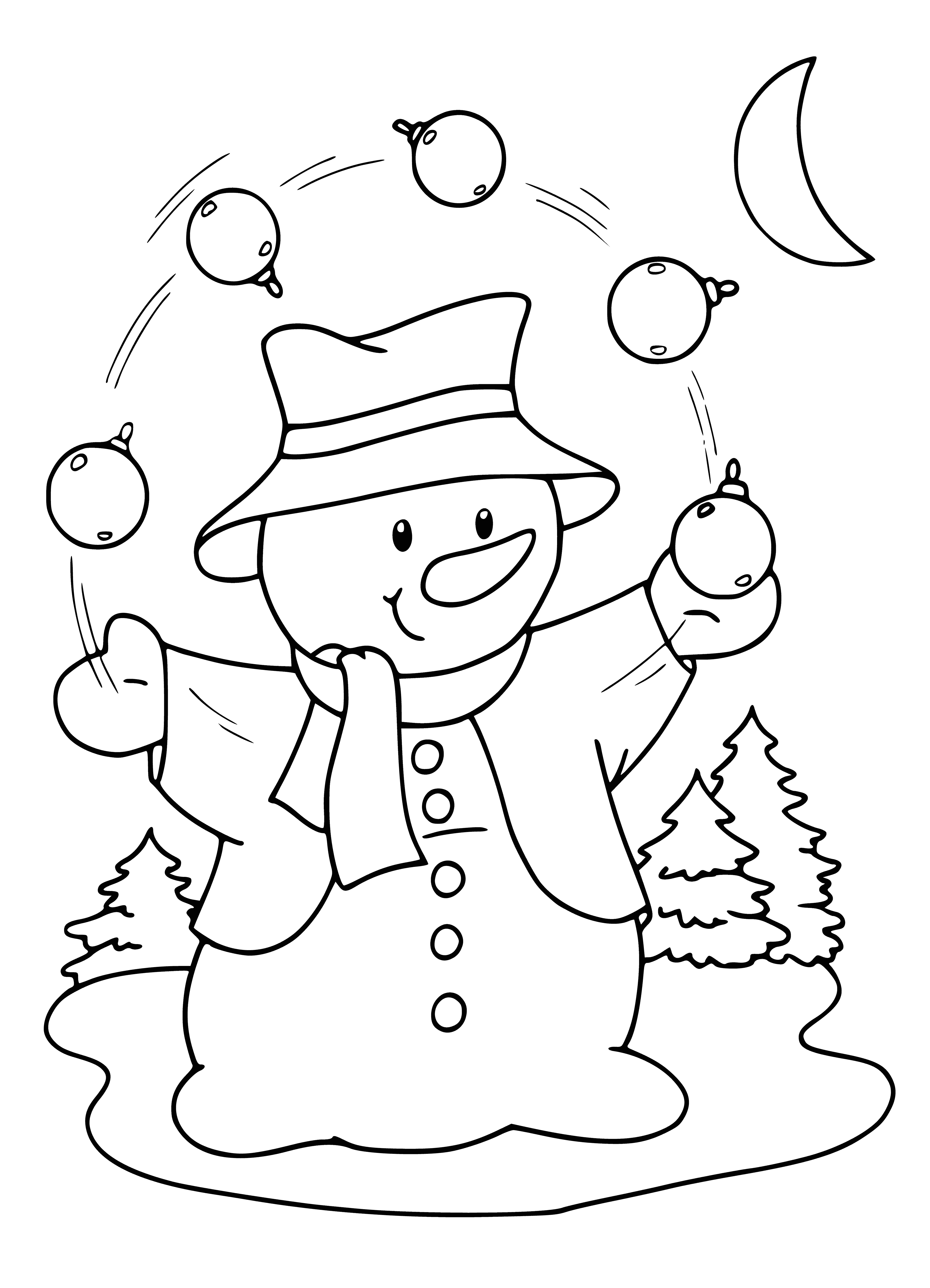 Snowman juggles red/green ball+gold star; dons red scarf+green hat; stands on snow pile.