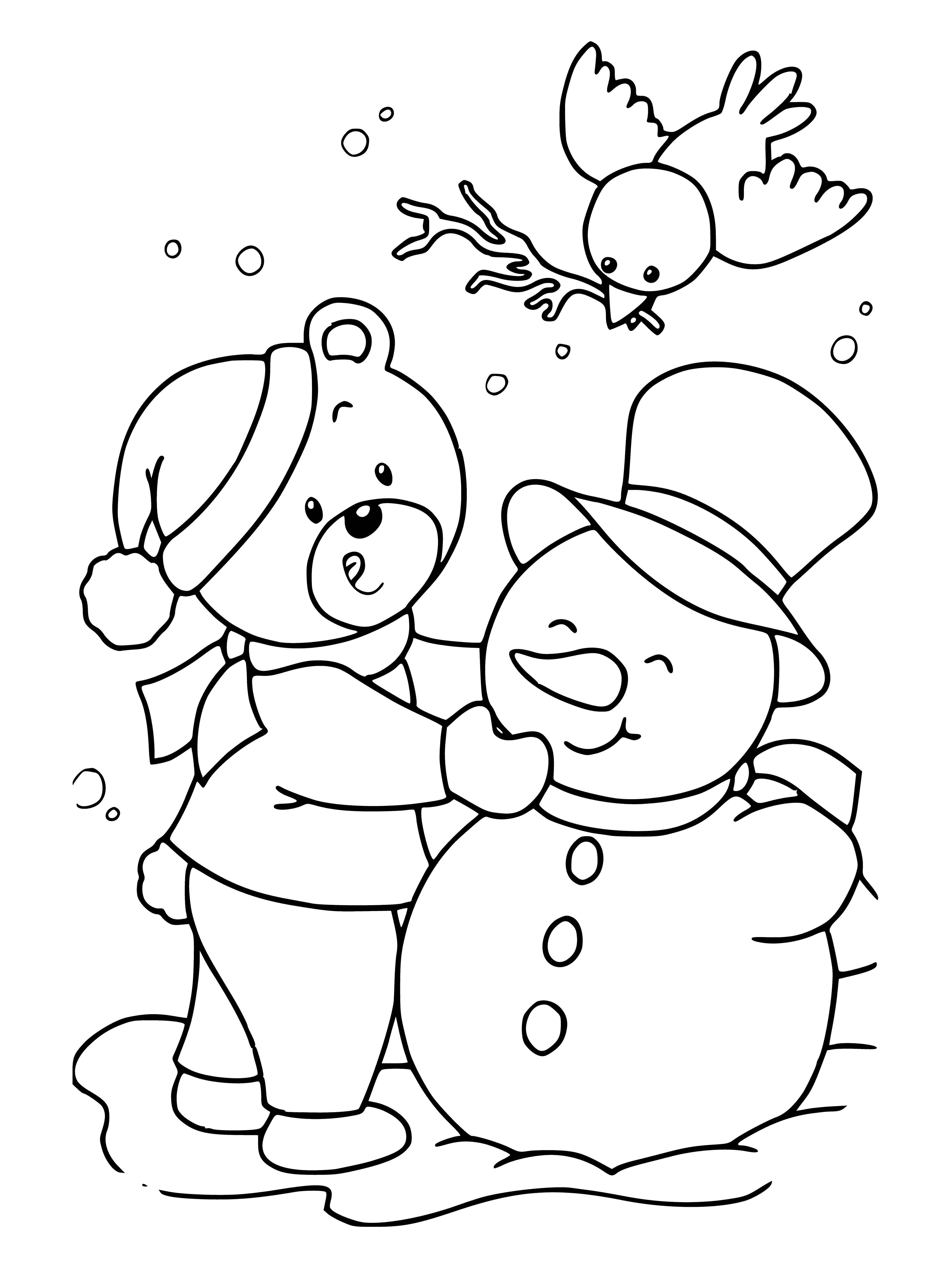 coloring page: Teddy is sculpting a snowman on a sunny winter day; having loads of fun crafting a work of art.