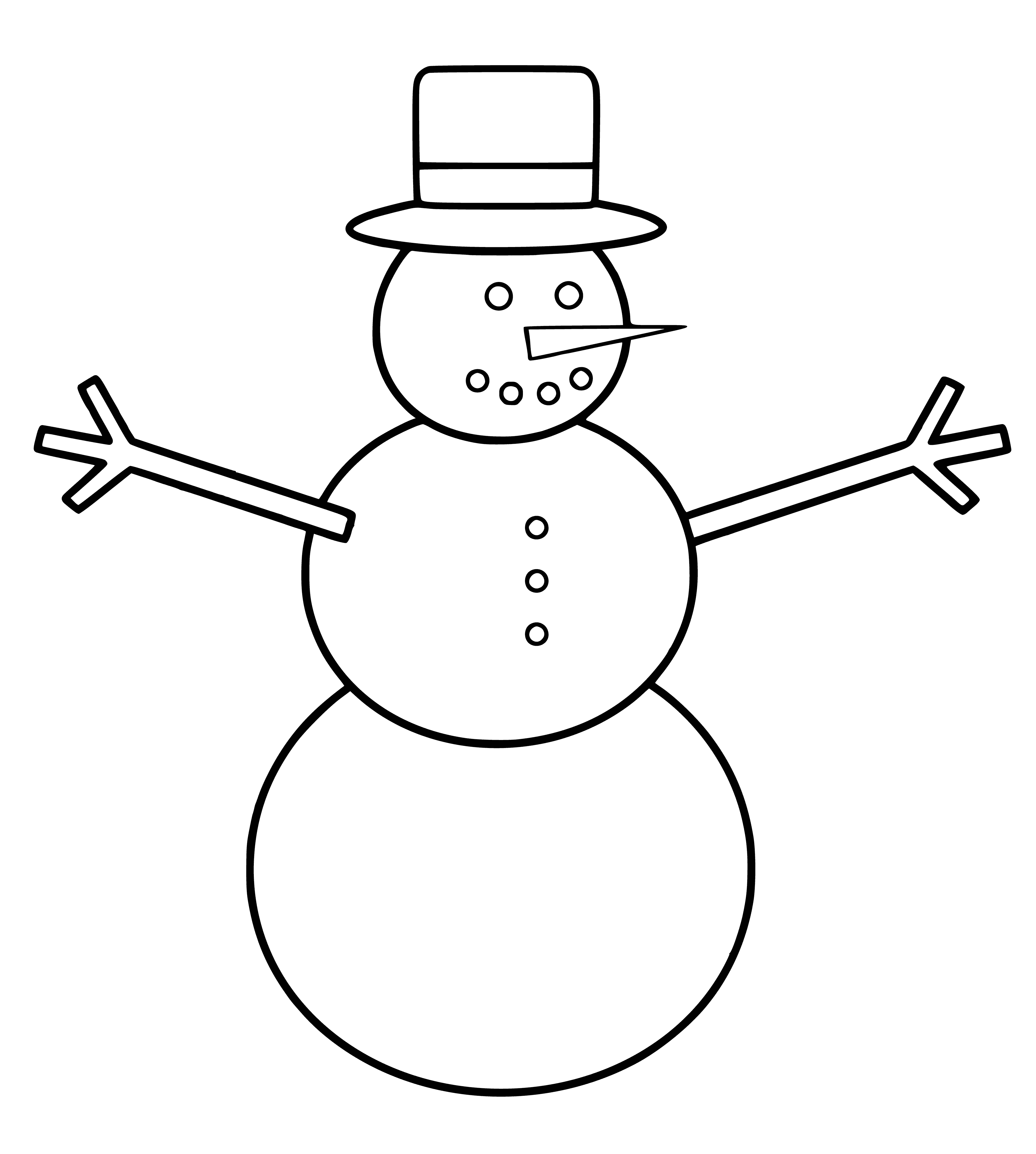 3 snowmen with diff. size, carrot, black & green button noses, coal eyes, red, blue & orange scarves & top hats in diff. colors.
