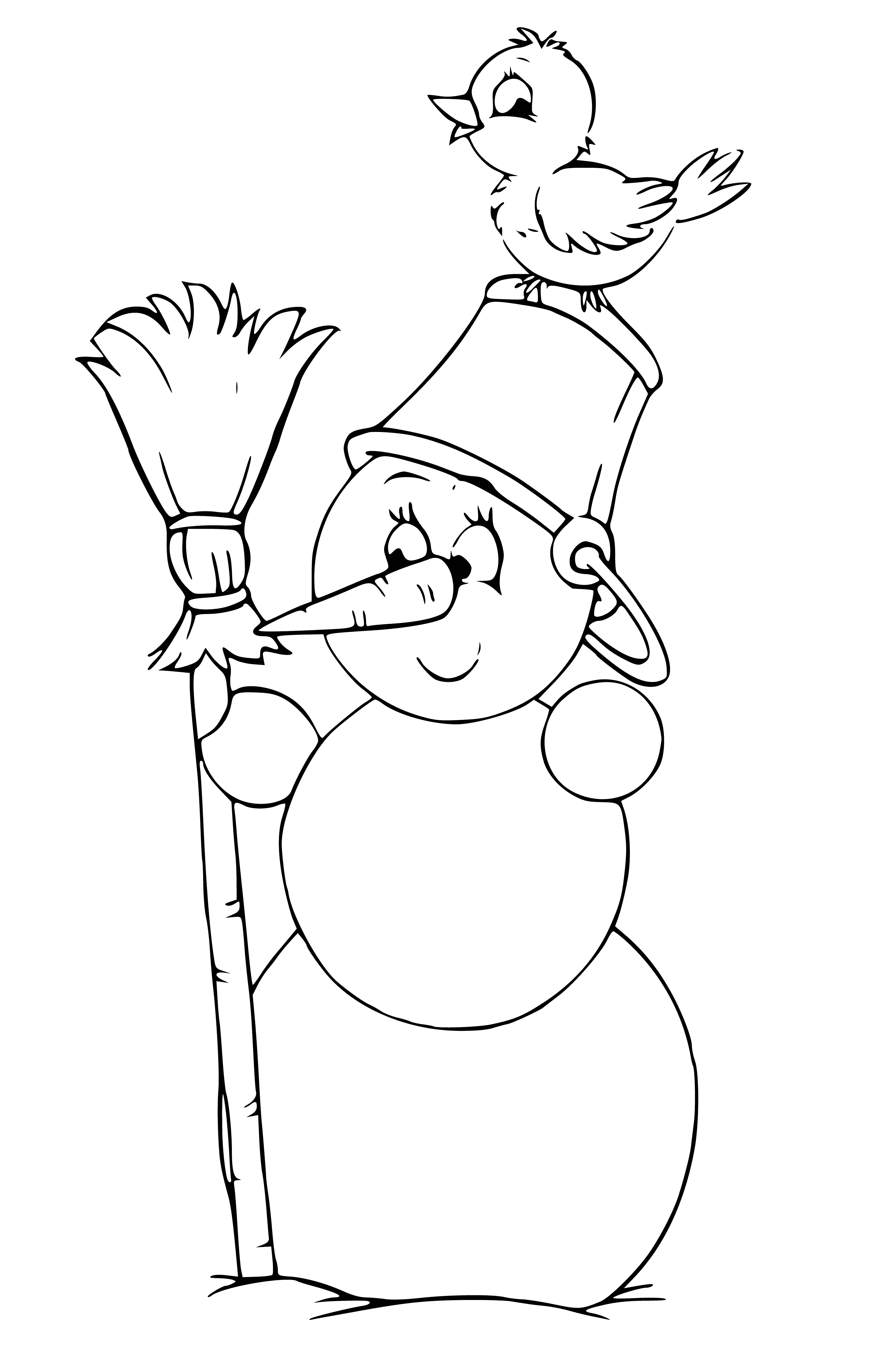 coloring page: A snowman wearing a hat and scarf stands outside a house with a broom in hand. #winter