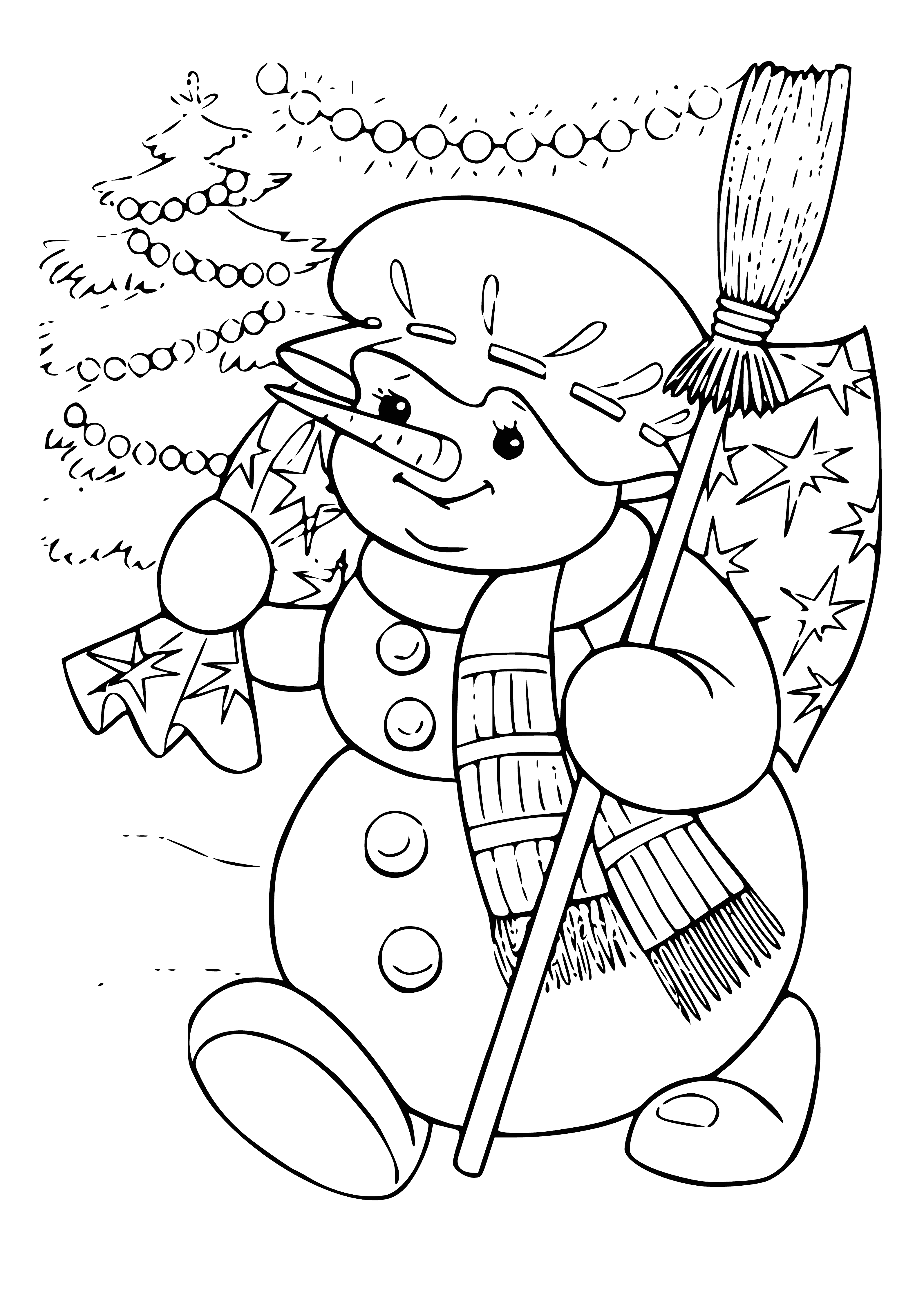 coloring page: A snowman carrying gifts is walking across a field, wearing a hat and with a bag of gifts over its shoulder.
