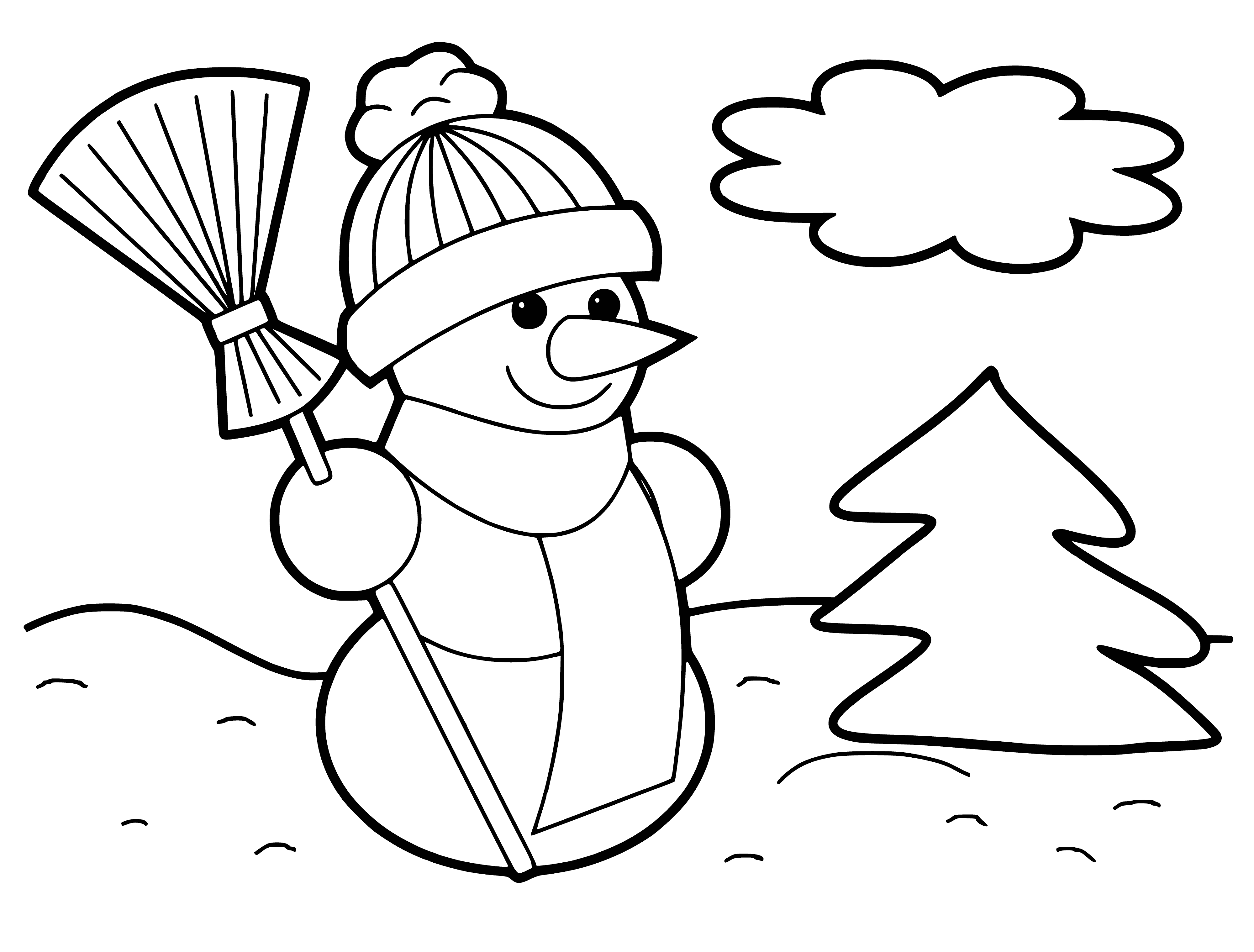 coloring page: Snowman w/ broom at Xmas tree. Lump head, carrot nose, coal eyes, black top hat, red scarf + twig arms, broom in hand. Snow on ground.