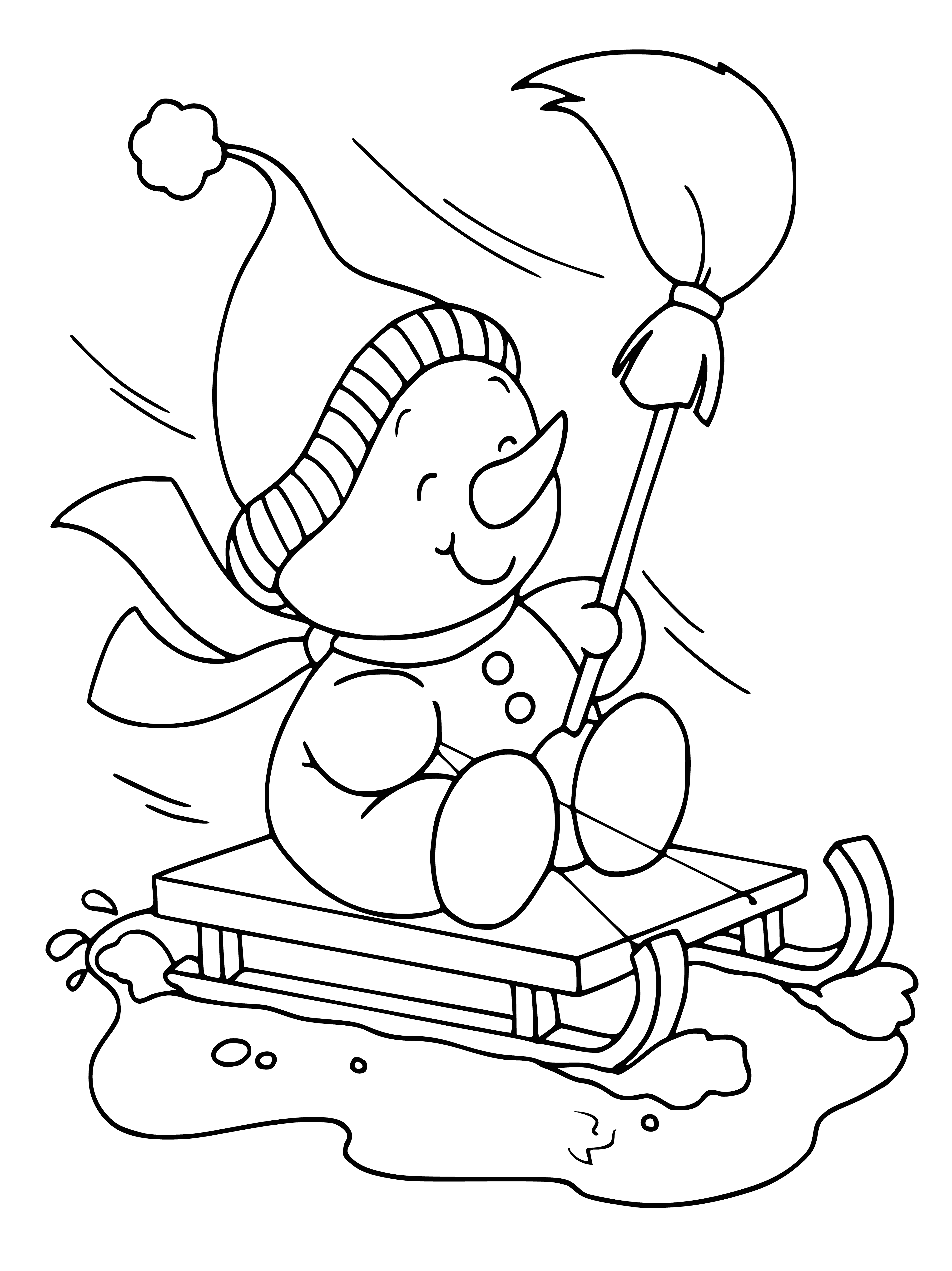 coloring page: A snowman is sledding with a dog, a carrot nose, coal button eyes, and a black top hat. #SleddingFun