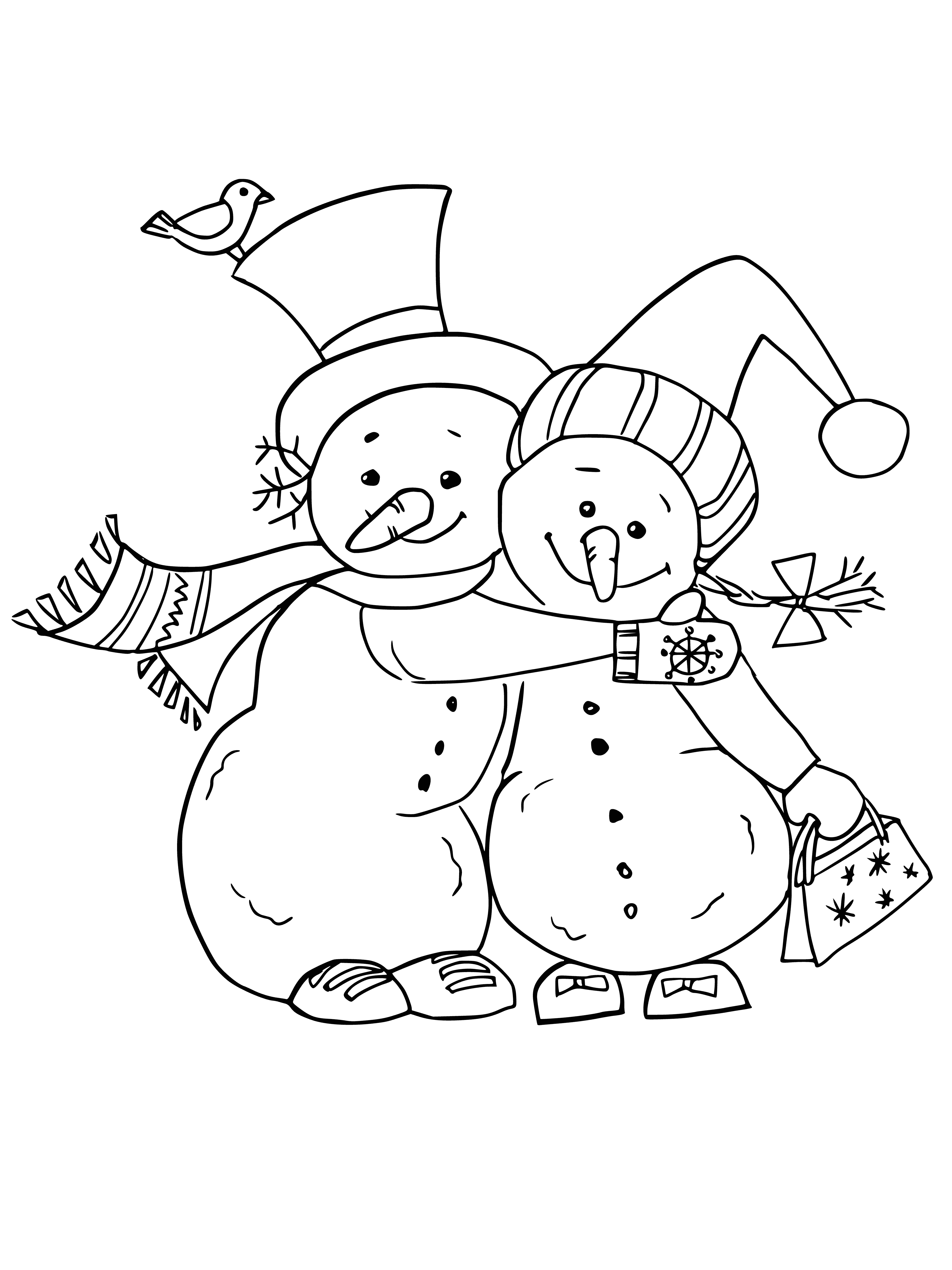 coloring page: Three snowmen ready for fun - tallest has orange carrot nose, middle green button nose, & smallest has red button nose & black top hat. Snow falling gently around them, standing on grass in front of brick wall.