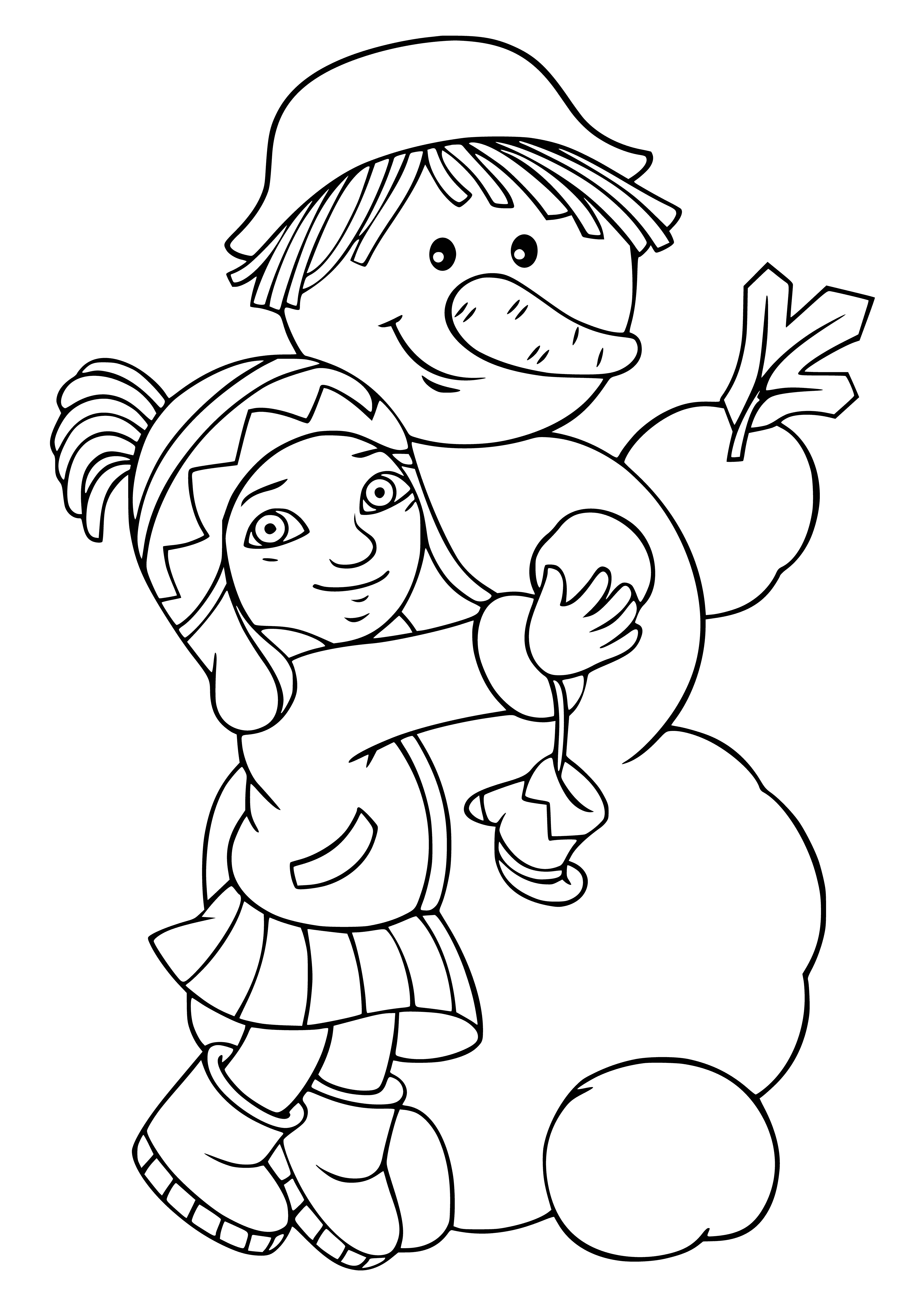 coloring page: Girl tobogganing down hill, snowman w/ carr. nose, coal eyes & buttons. Girl has scarf & hat. #winter #adventure