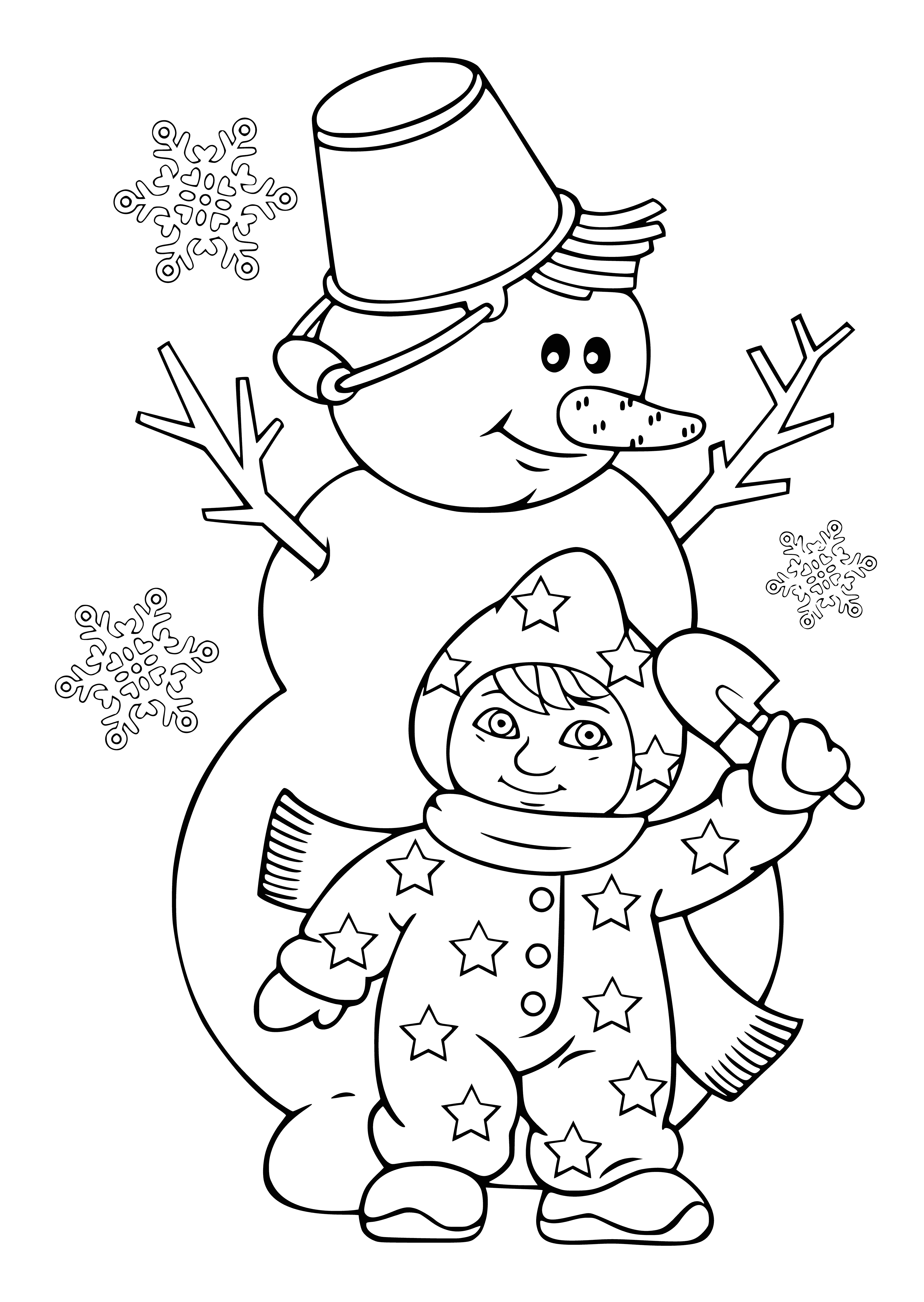 coloring page: Kid sculpts snowman, rolling two big snowballs and one small, having lots of fun. #snow #snowman #fun
