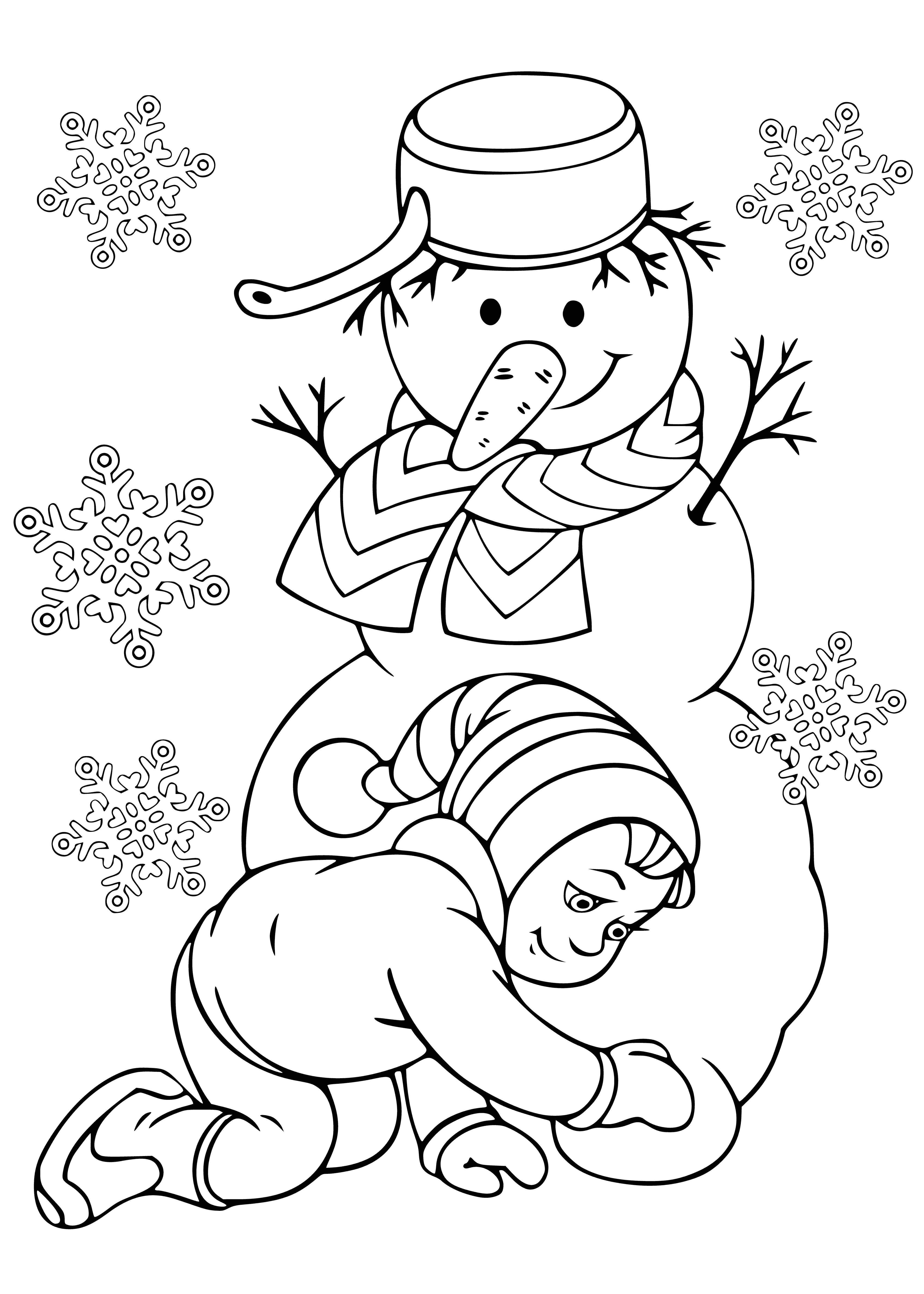 coloring page: Girl builds a snowman outside on a cold day w/scarf, hat, gloves; carrot nose, black stones for eyes, twig arms, candy cane in left hand.