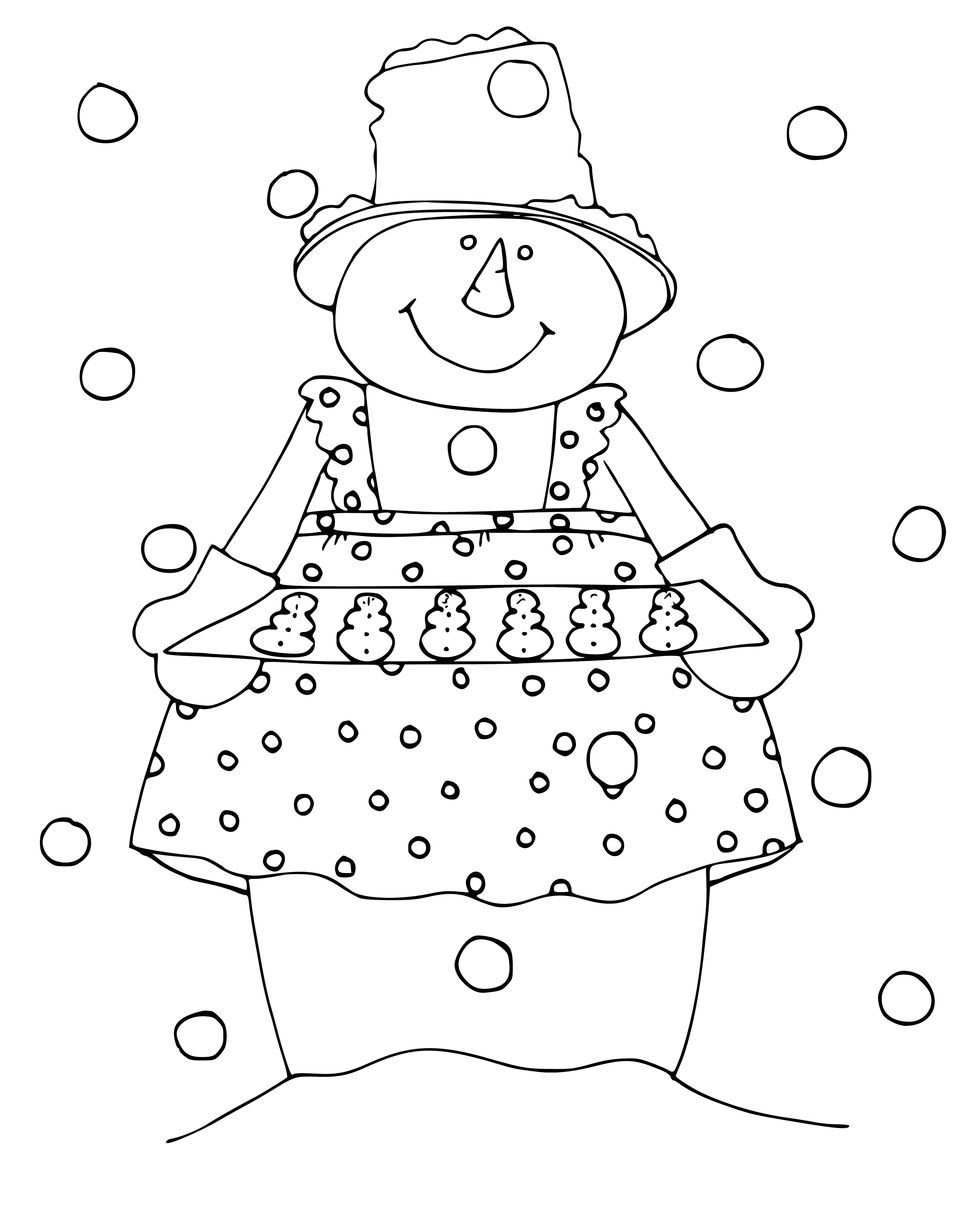 coloring page: A cheerful snowman, with arms outstretched and a big smile, enjoying the snow and winter weather.