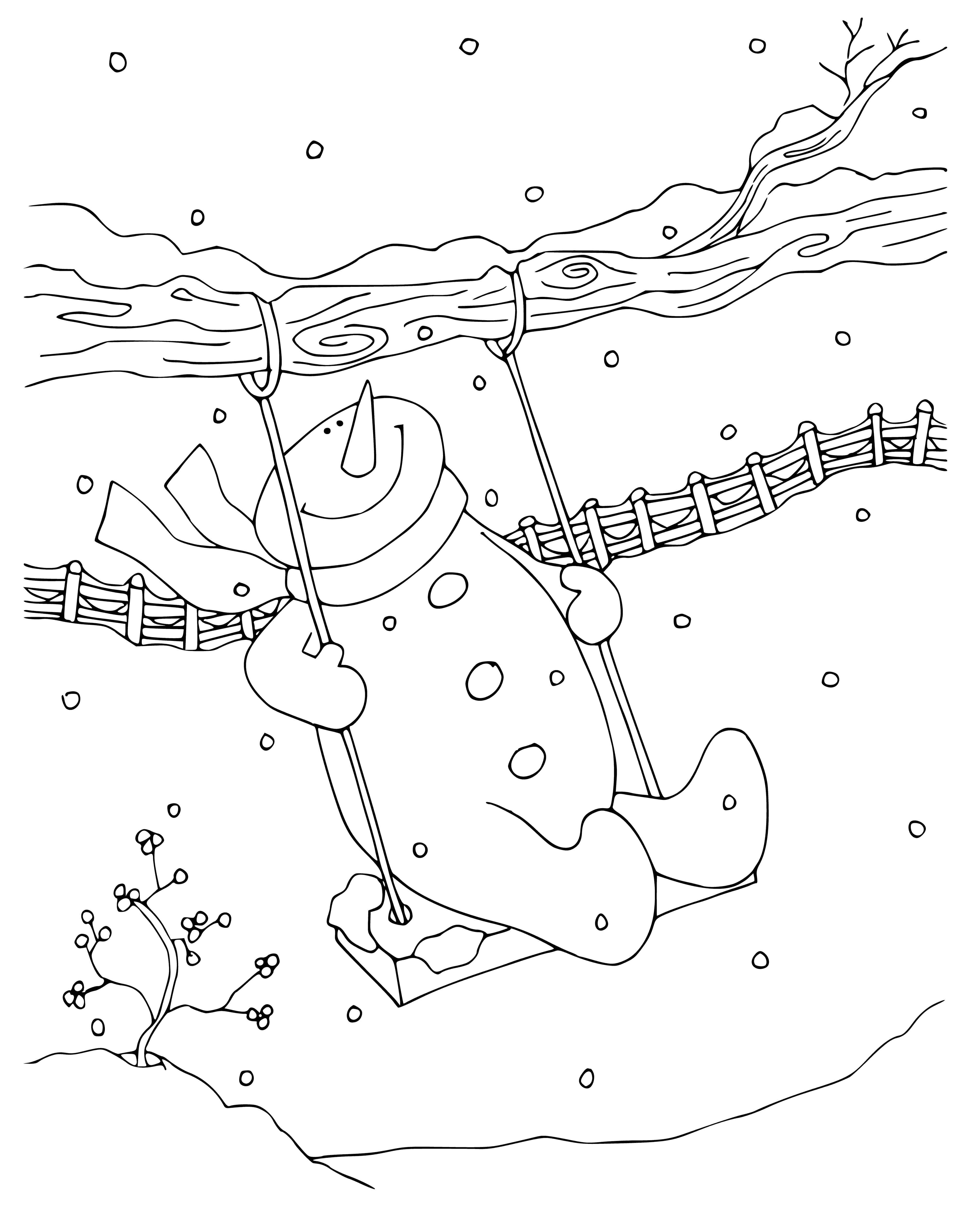 Sitting on a swing, a happy snowman stretches its arms with a hat tilted sideways.