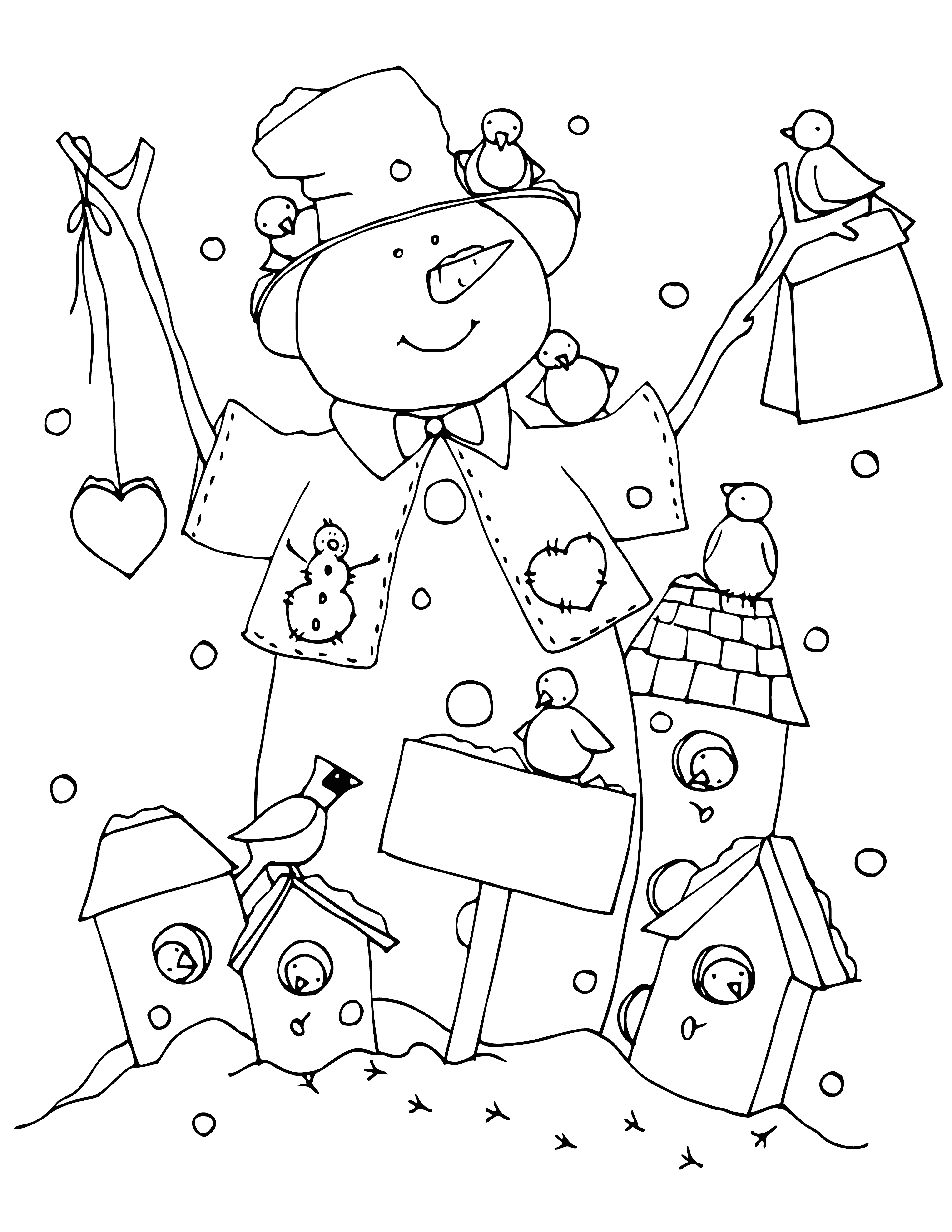 coloring page: Two snowmen holding bird feeders: one blue, one yellow. Wearing hats & scarves, with coal eyes & mouths. #winterfun