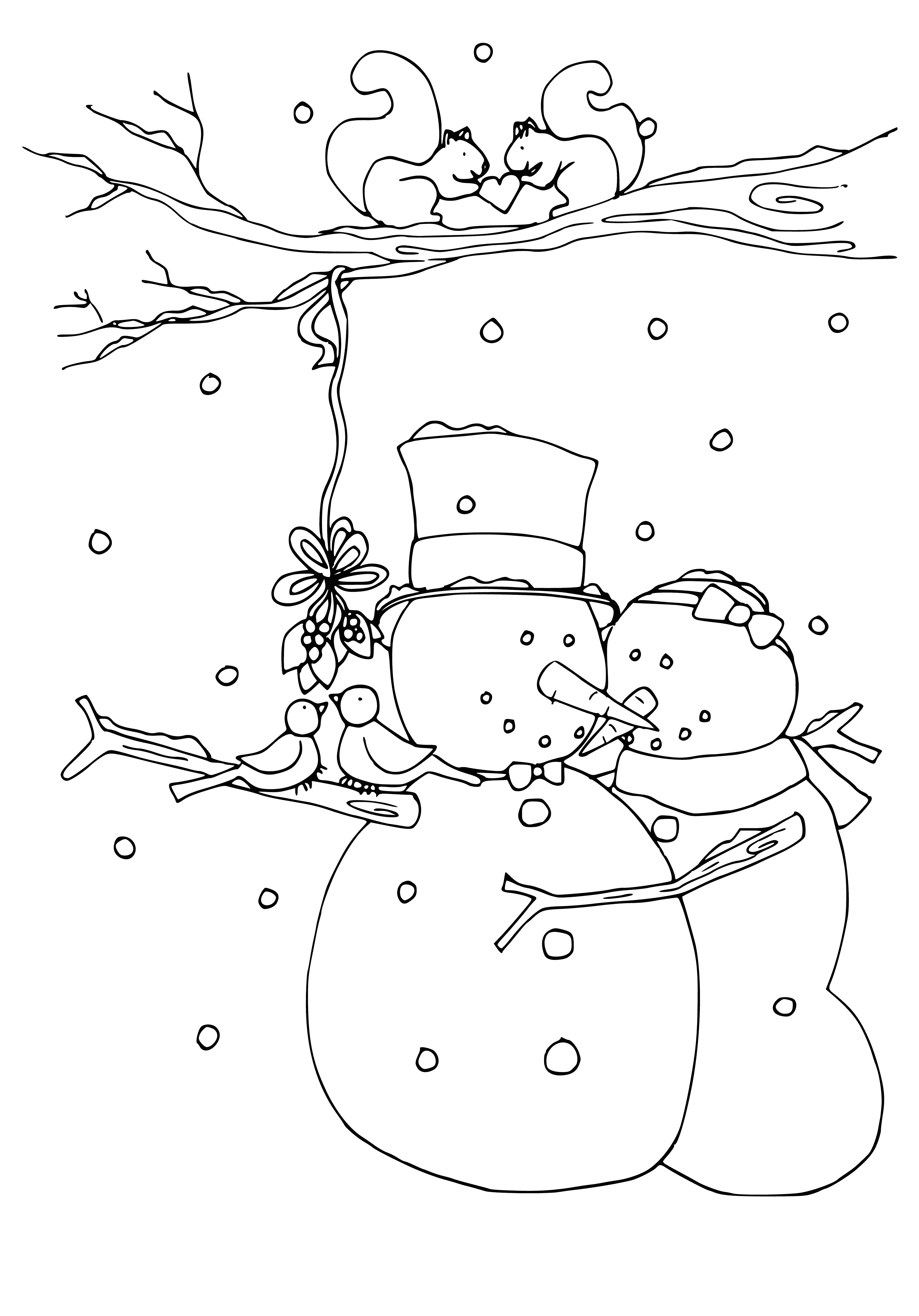 coloring page: Six snowmen standing in a line, tallest in middle. All have coal eyes, mouths, carrot noses. Two with pinecone arms, four with sticks. All have hats, two have scarves. Ground covered in snow. #creativewriting