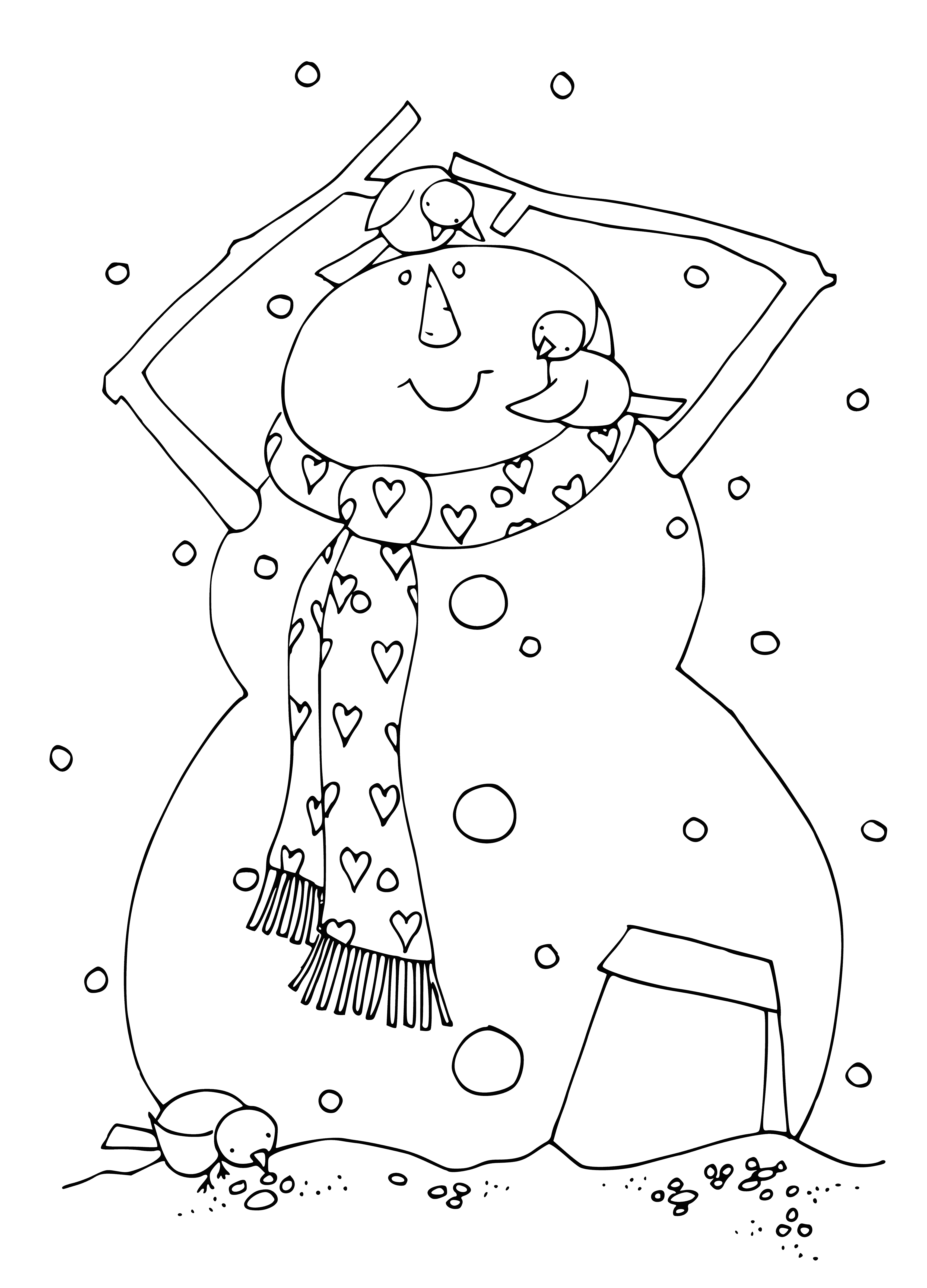 coloring page: Snowman is feeding birds; top hat, red scarf. Bluebird, yellow finch, robin, sparrow & cardinal.