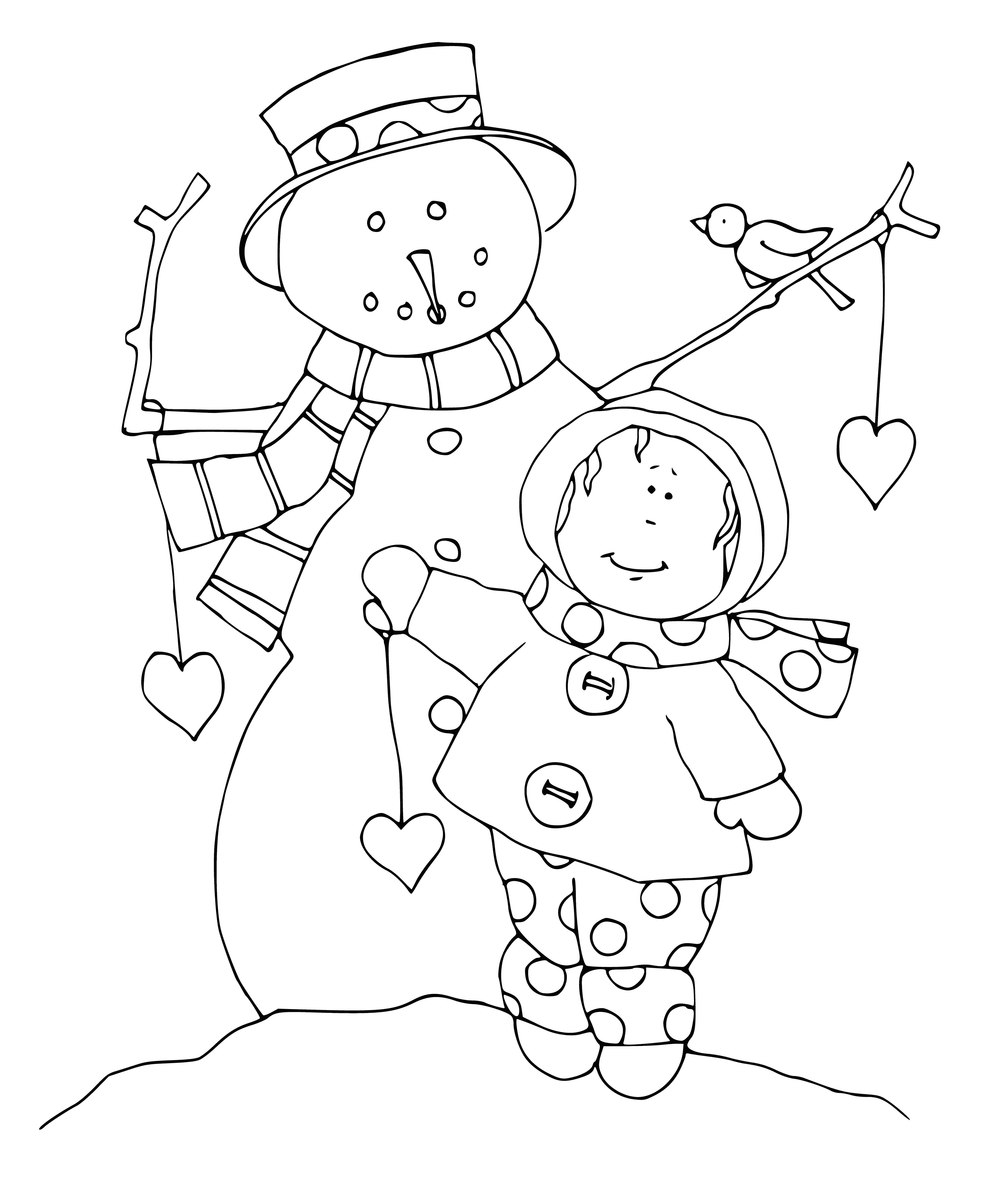 coloring page: Girl & snowman in center of page: girl wears pink, blond hair & holds broom. Snowman wears green scarf & brown hat, has carrot nose & coal eyes/mouth.