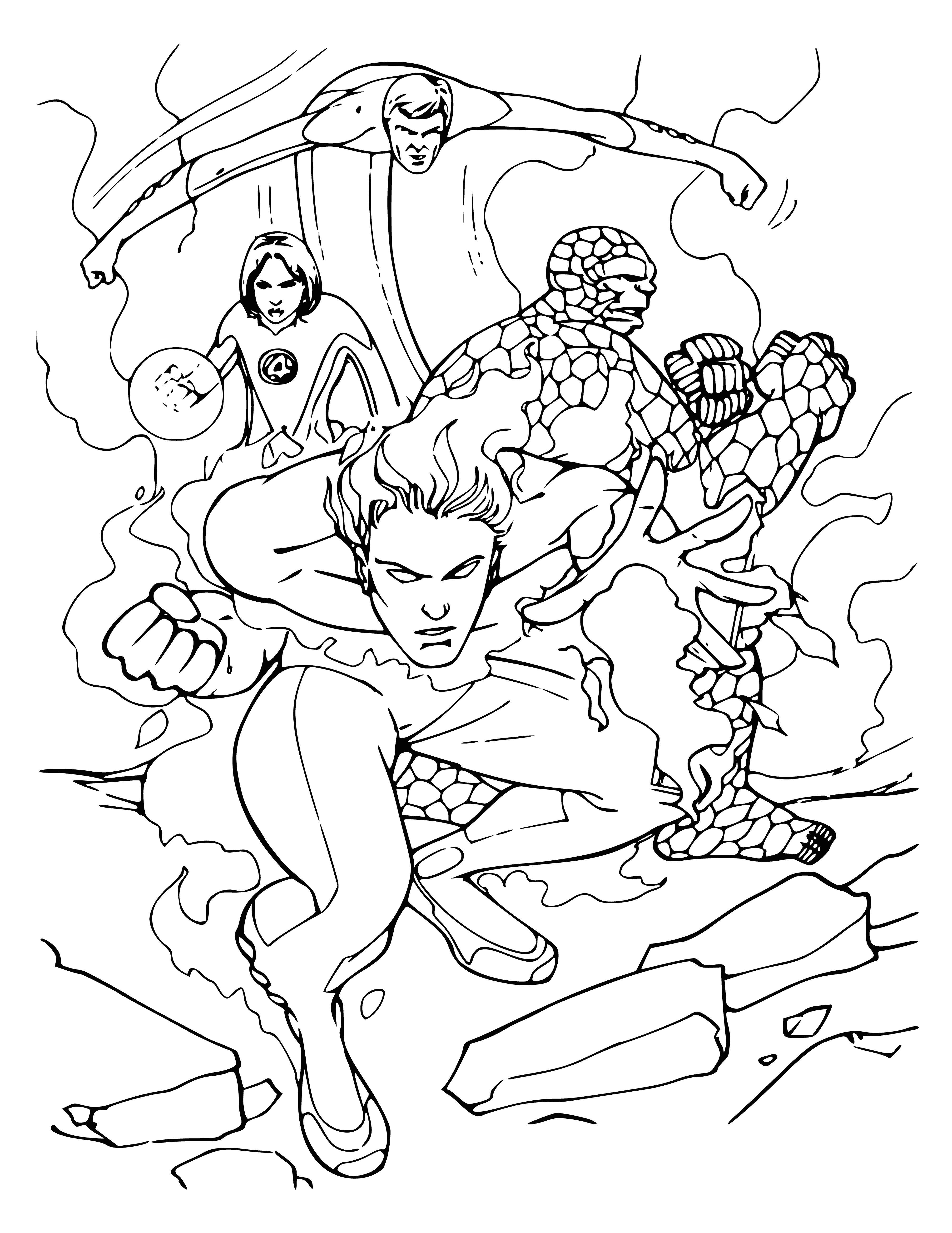 coloring page: The Fantastic Four have unique superpowers that they use as a team to protect the earth from evil. #FantasticFour #Superheroes