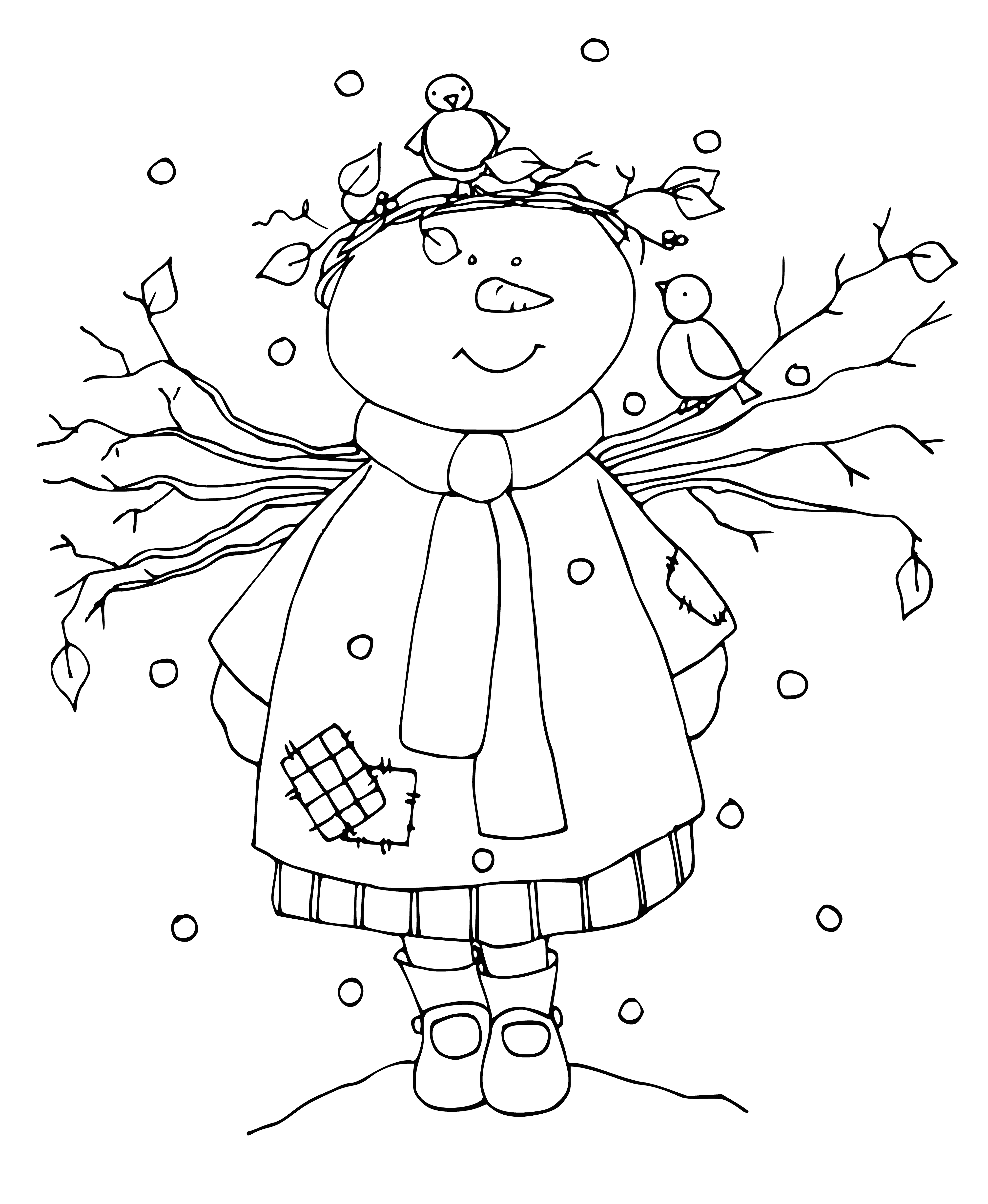 coloring page: Beautiful fairy with three snowmen in her arms surrounded by sparkling snow and a starry night sky.