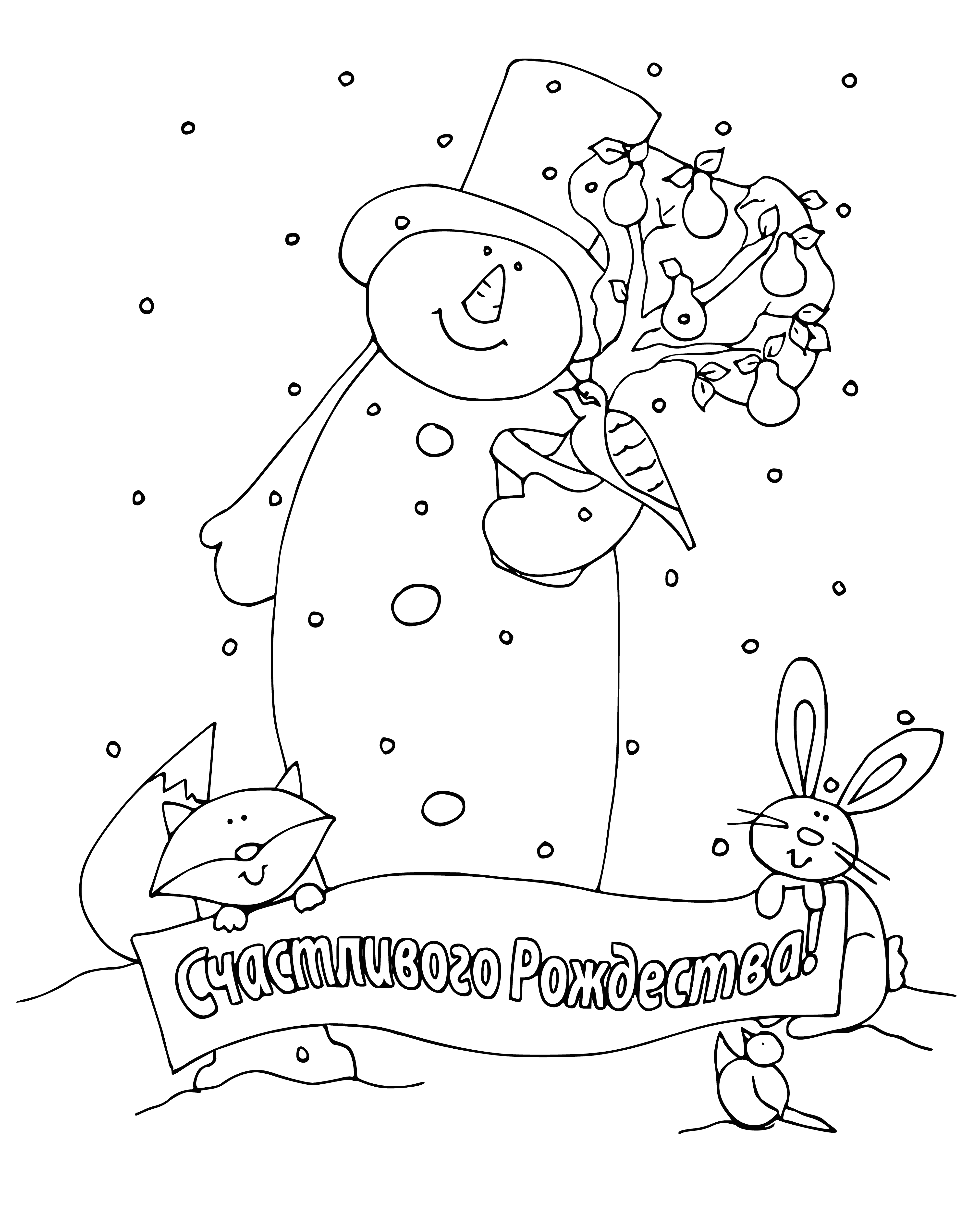 Two snowmen in coloring page: white, carrot nose, black eyes, hat. One holding sign: 