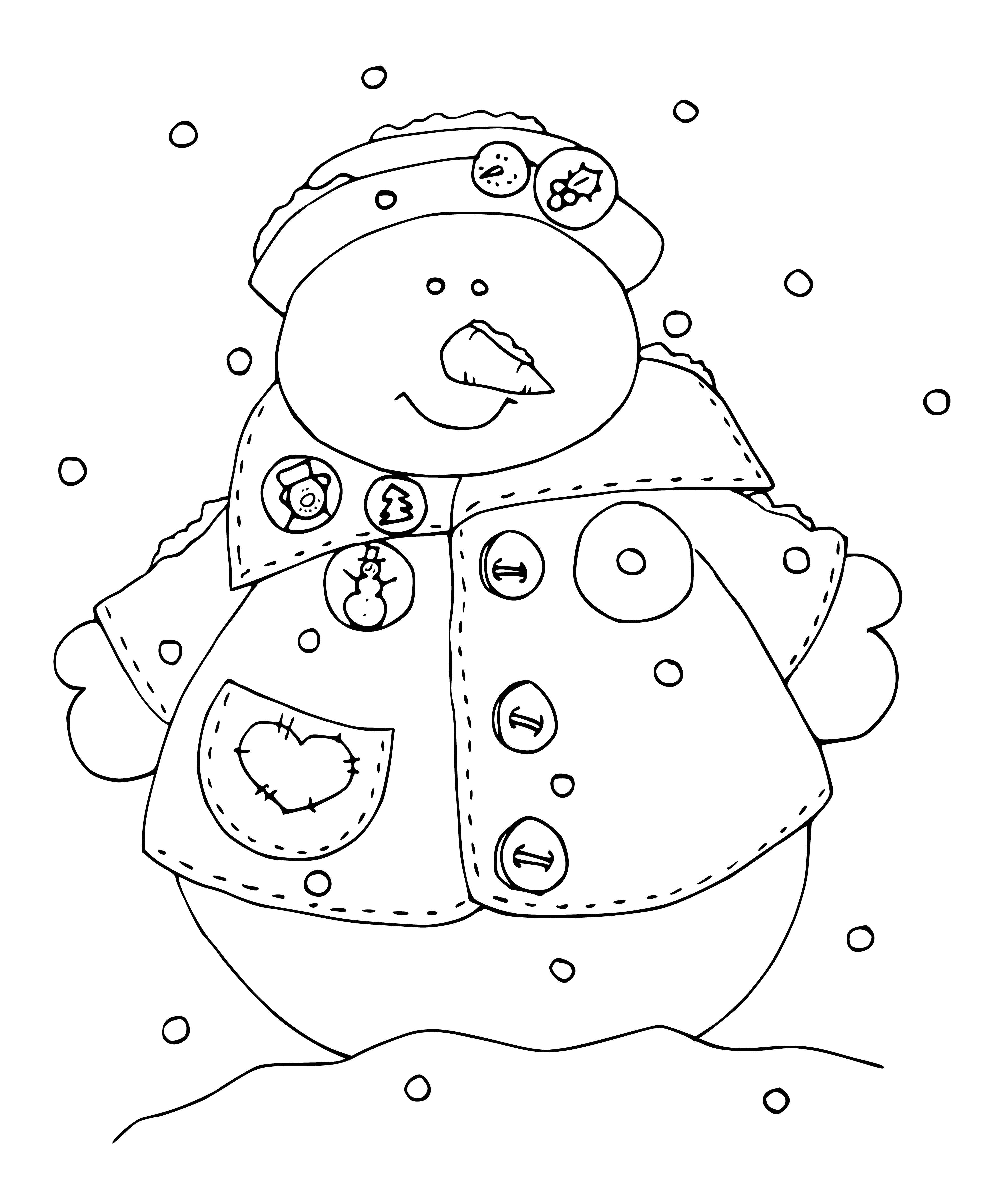 coloring page: 3 snowmen w/carrot noses, hats, & sticks in right hands.