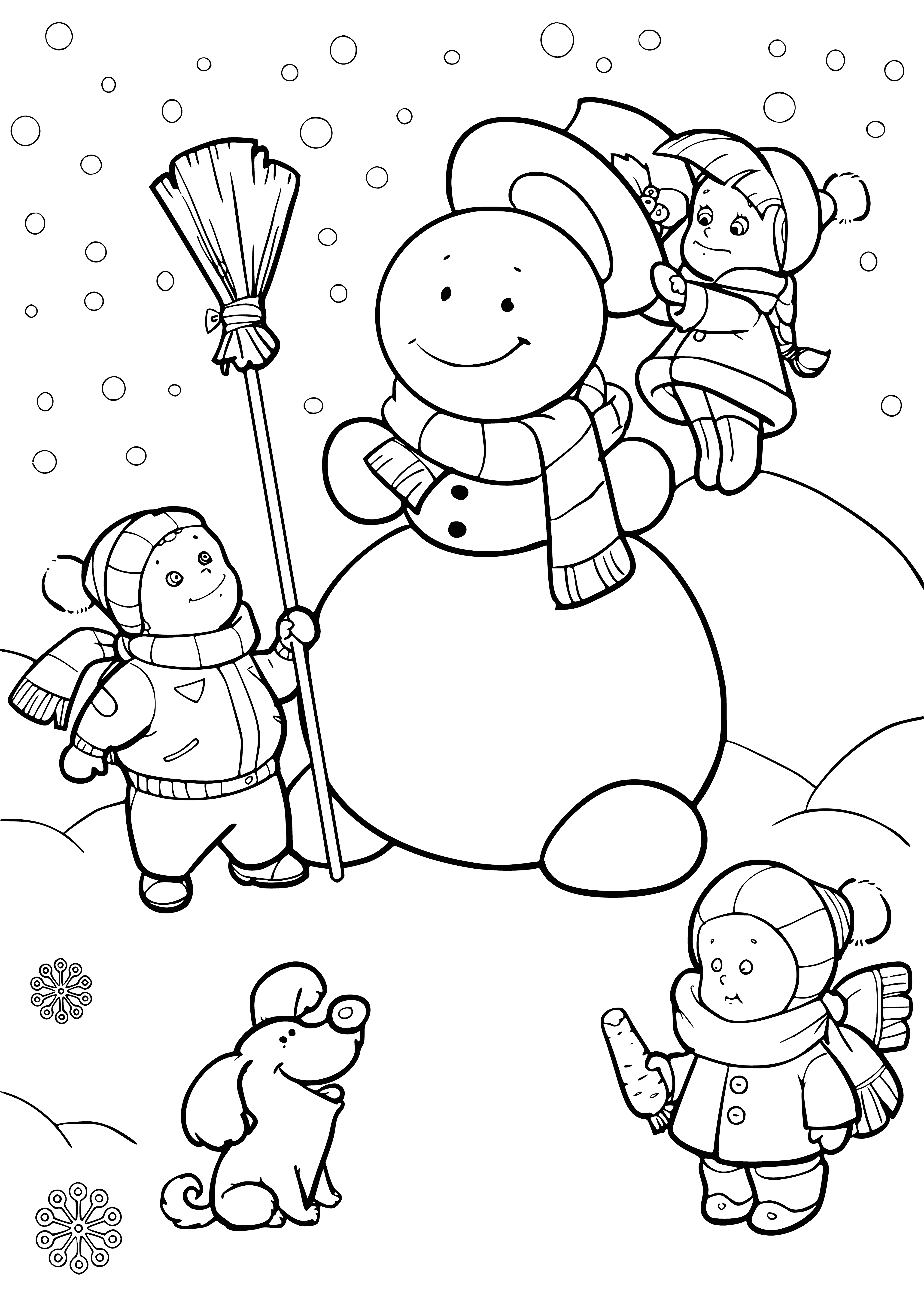 coloring page: Kids build snowman, packing snow to form body/arms/head, excited & having fun in snowy playground.