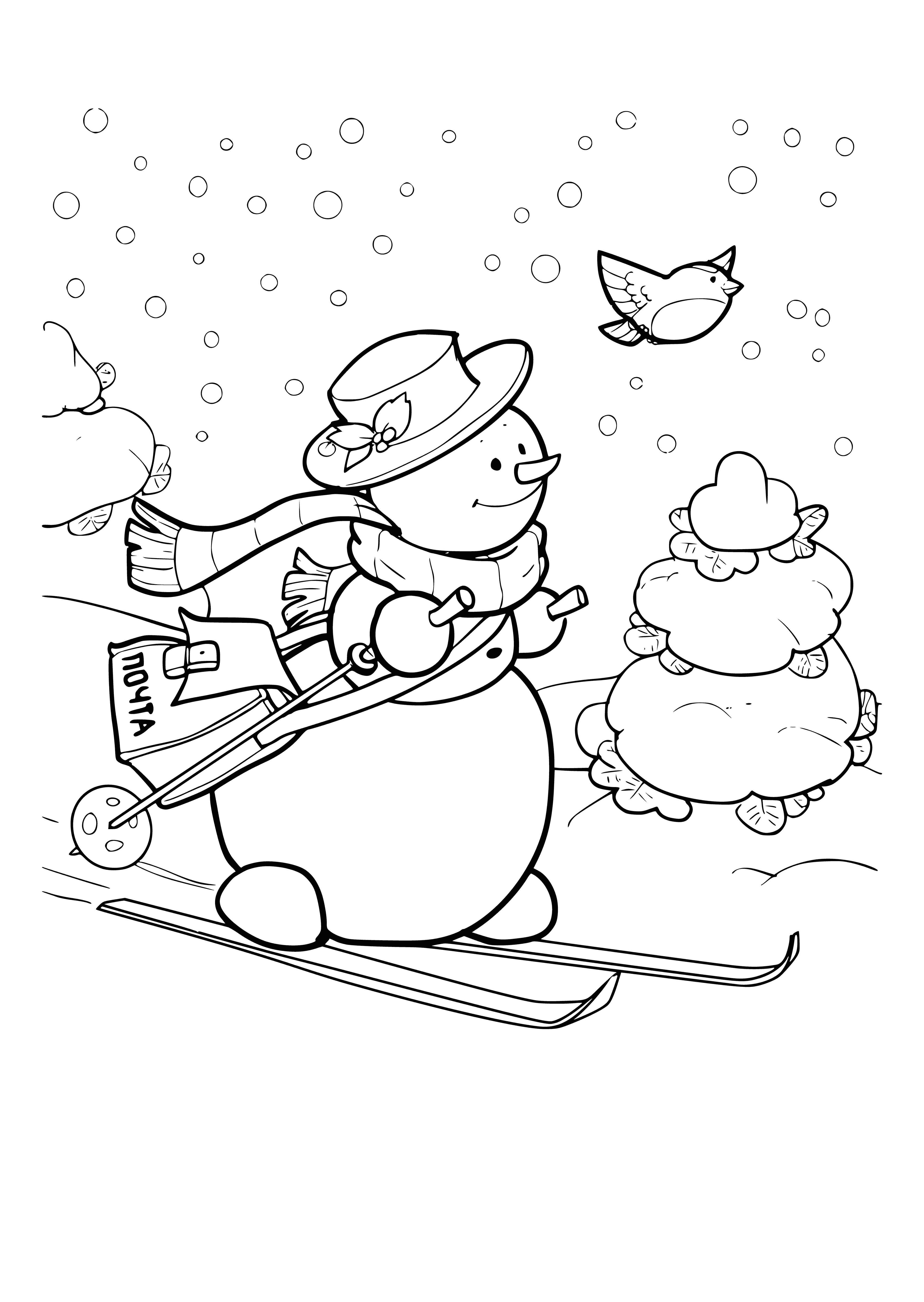 coloring page: Snowmen in a meadow w/ hats & scarves excitedly looking at a large envelope addressed to them, a sunlit sky & trees in the background.