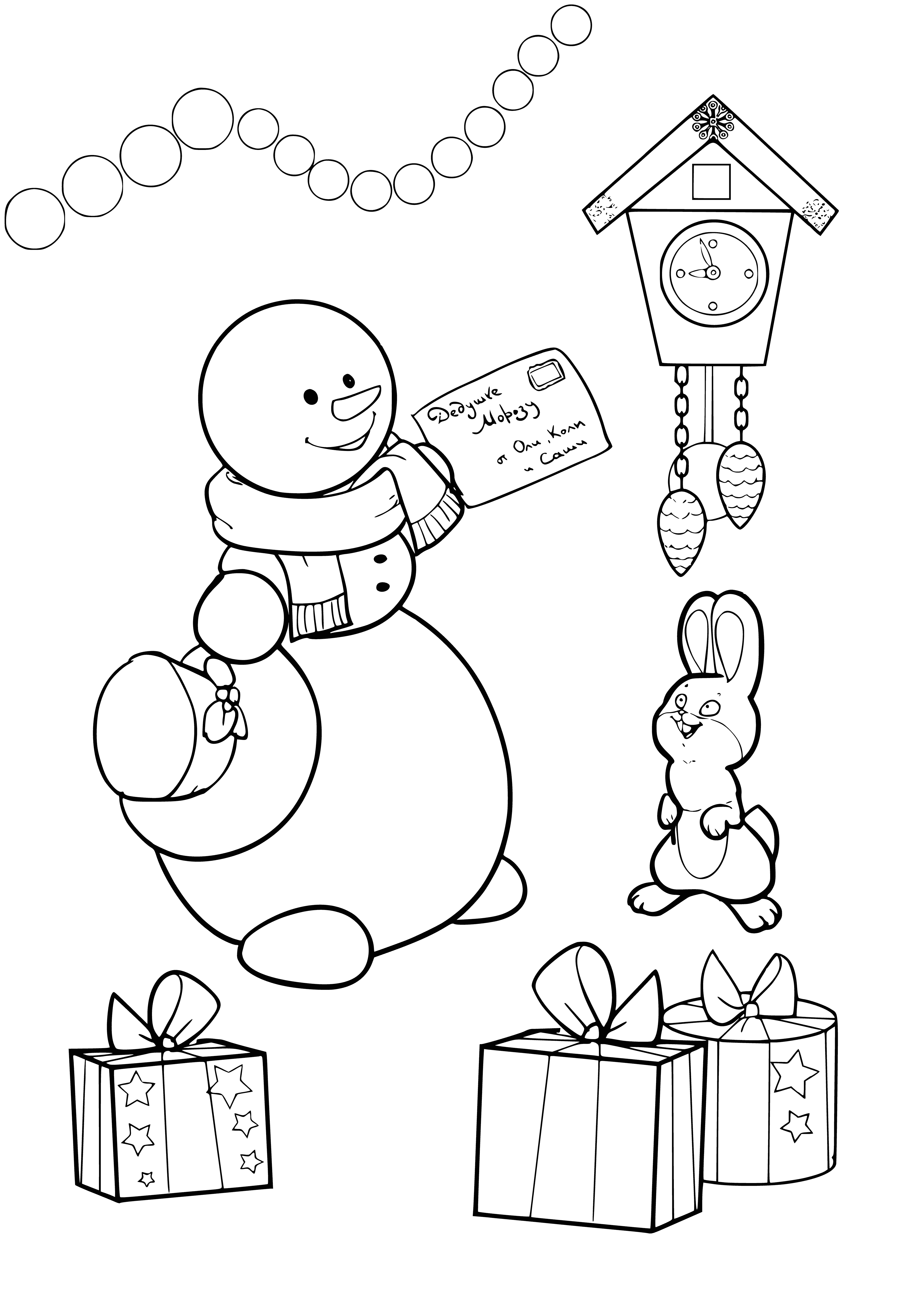 coloring page: Snowman holds letter addressed to Santa, with carrot nose and scarf.