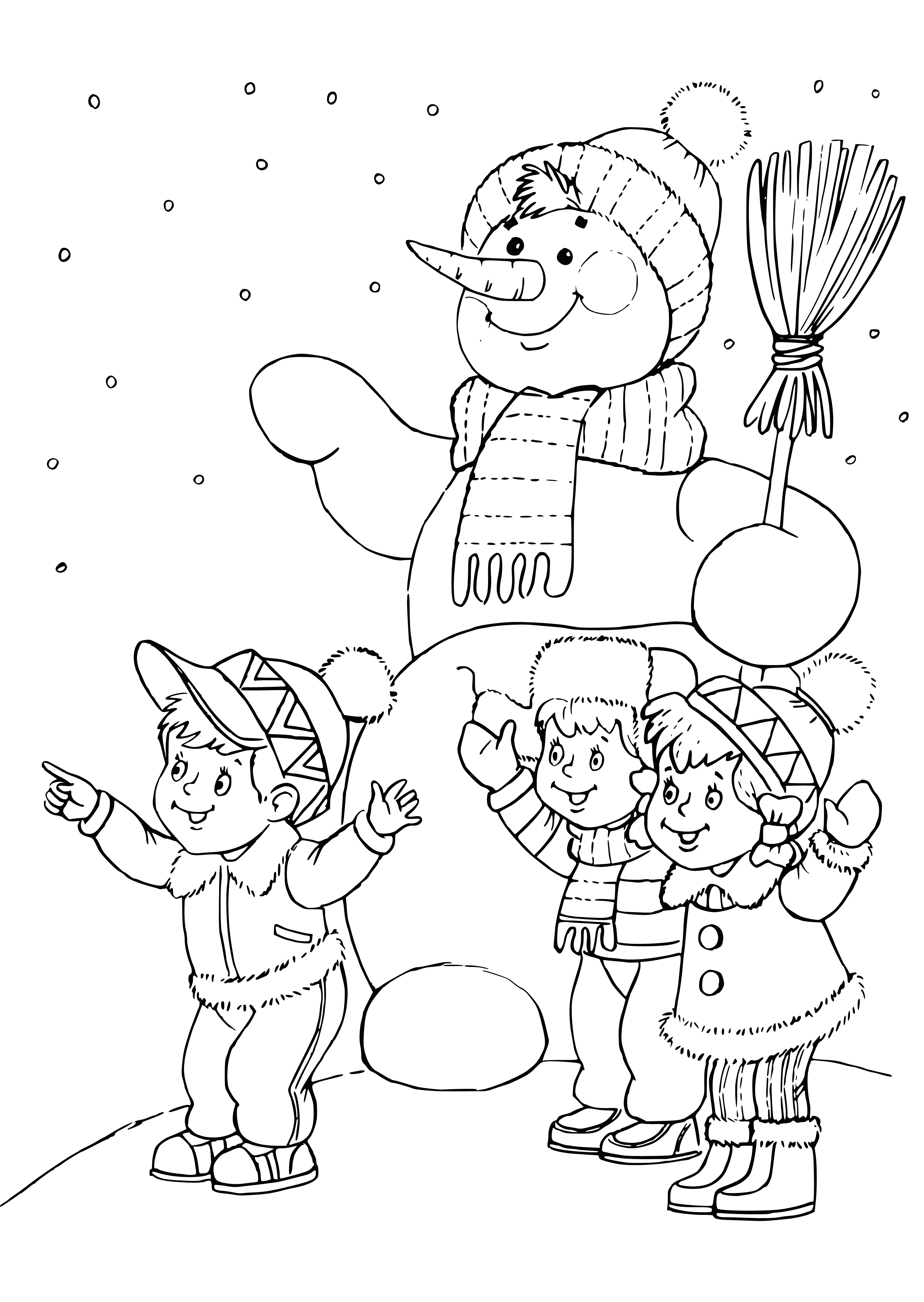coloring page: 3 snowmen: 2 kids in hats & scarves & 1 adult wearing a top hat in a snow-filled field.