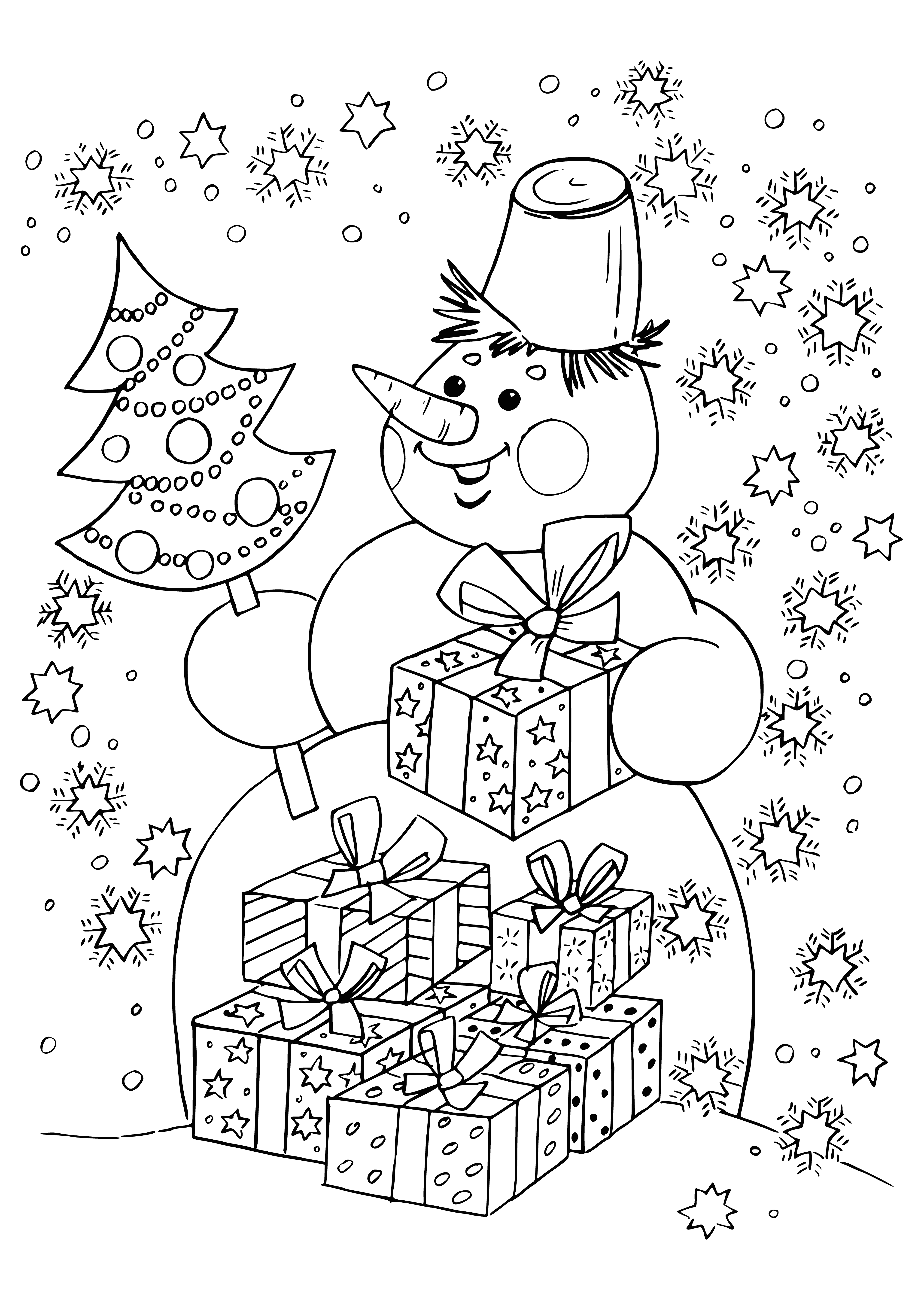 coloring page: A snowman with a carrot nose and gifts of a large red ball, green wrapped present, and polka dot bag decorates the center of this coloring page.