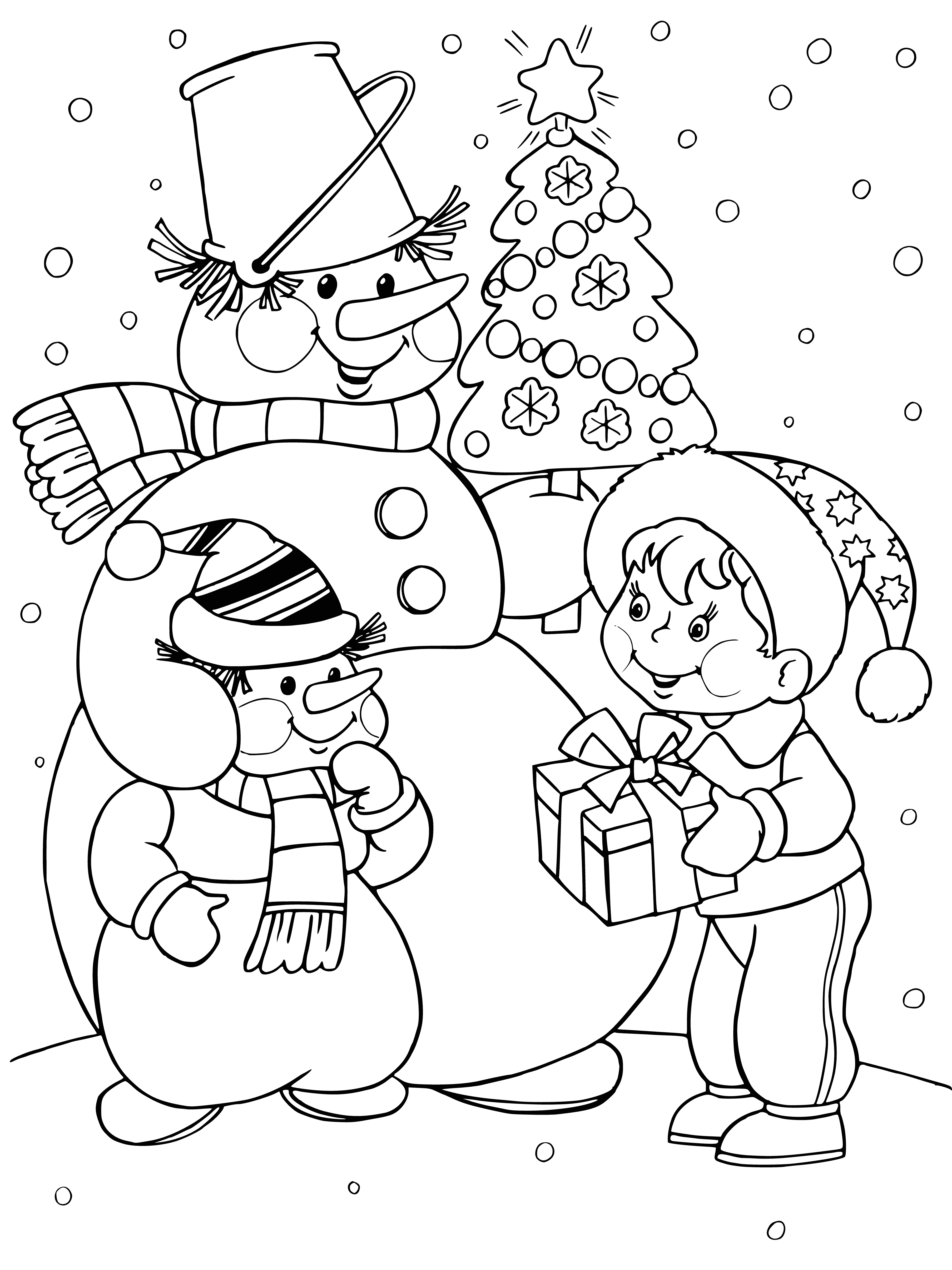 coloring page: Snowman holds present, adorned w/carrot nose, coal eyes, branch mouth, & red hat w/white pom-pom.