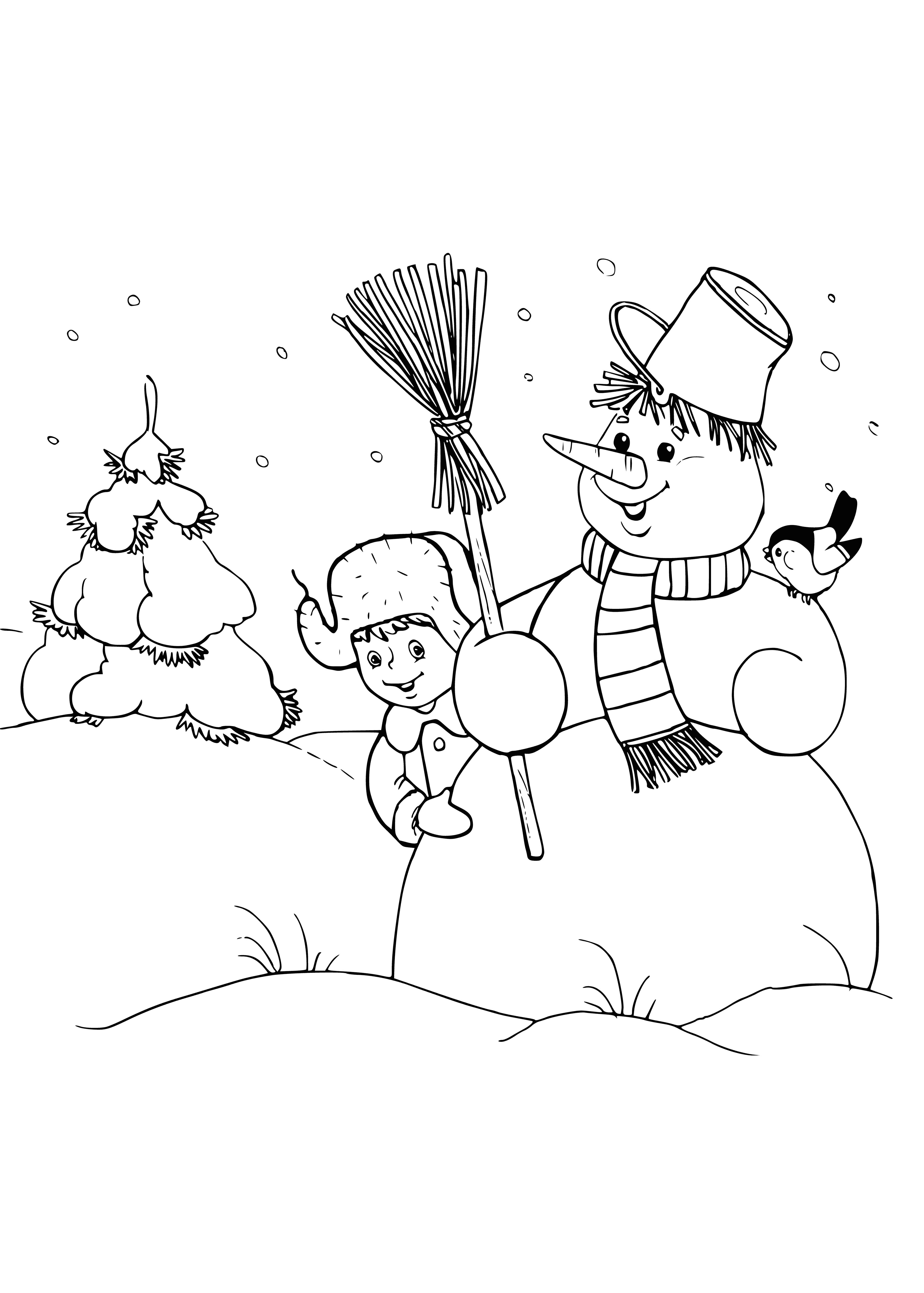 coloring page: Snowman in winter forest has carrot nose, coal eyes, red scarf, & black top hat.