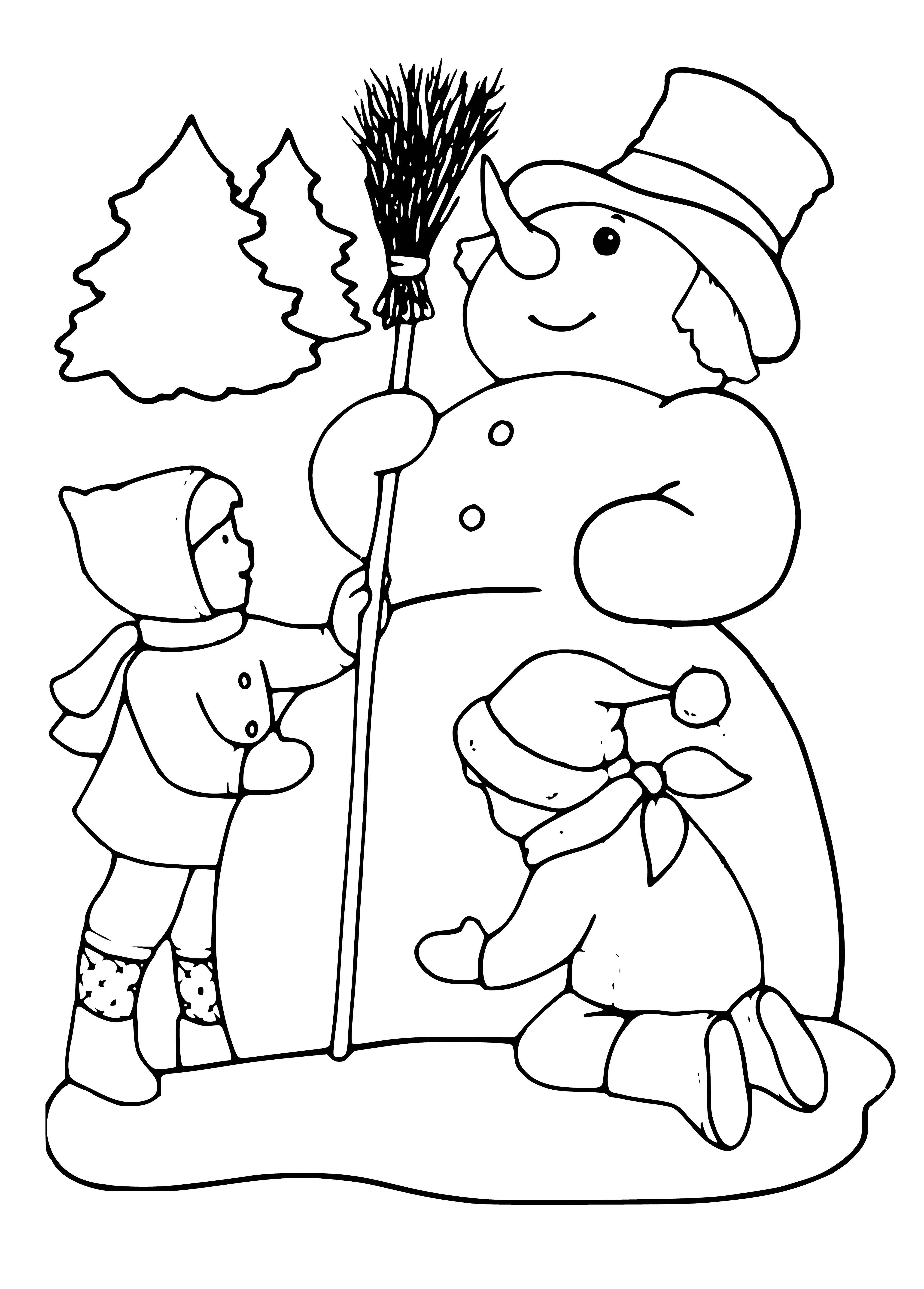 Three kids, snowman with a carrot nose, coal eyes, wearing hats & scarves. Kids hold hands. Snowman also wears a scarf.