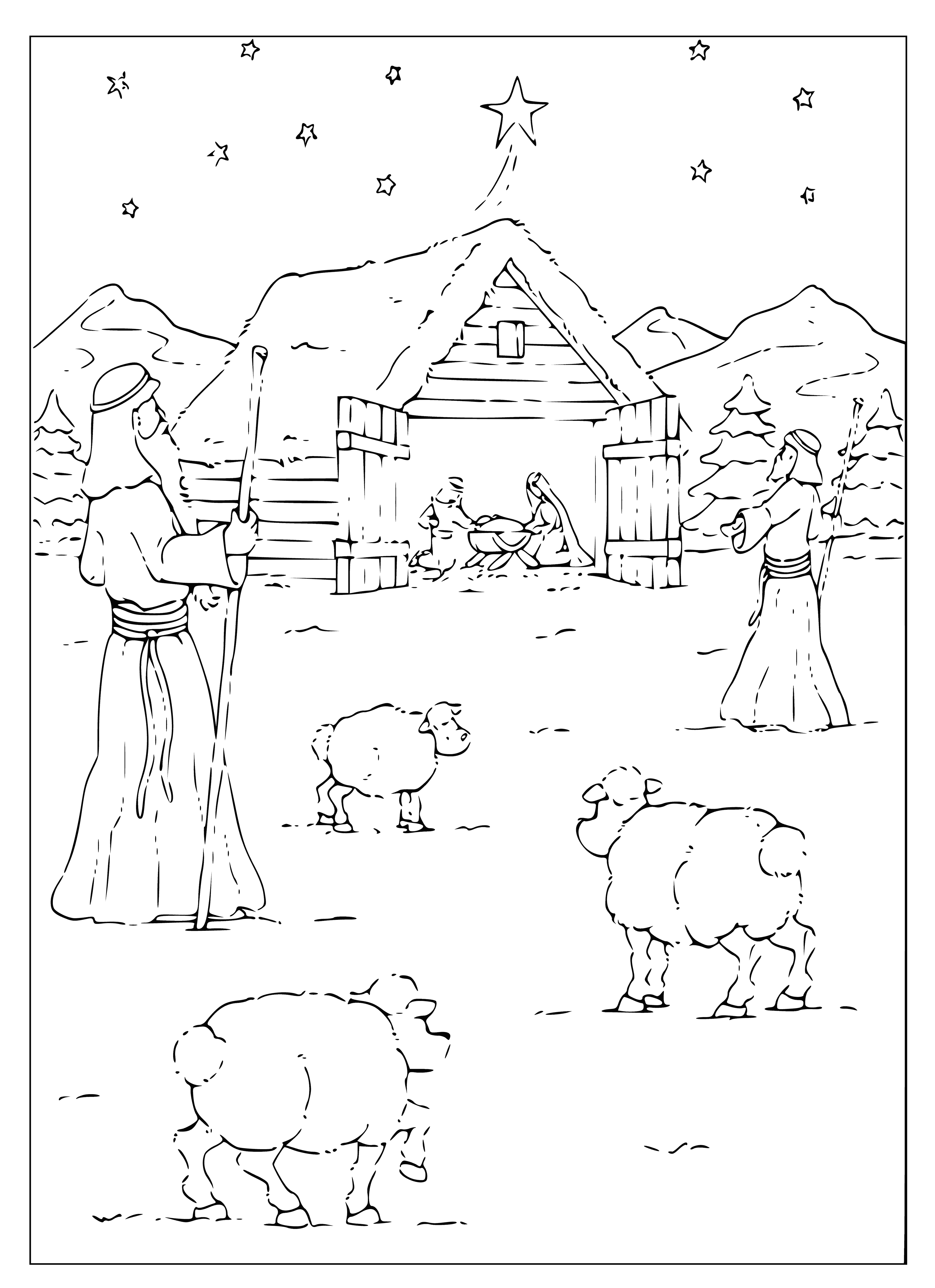 coloring page: A nativity scene of Jesus, Mary, Joseph, shepherds & sheep with stars shining in a dark sky.