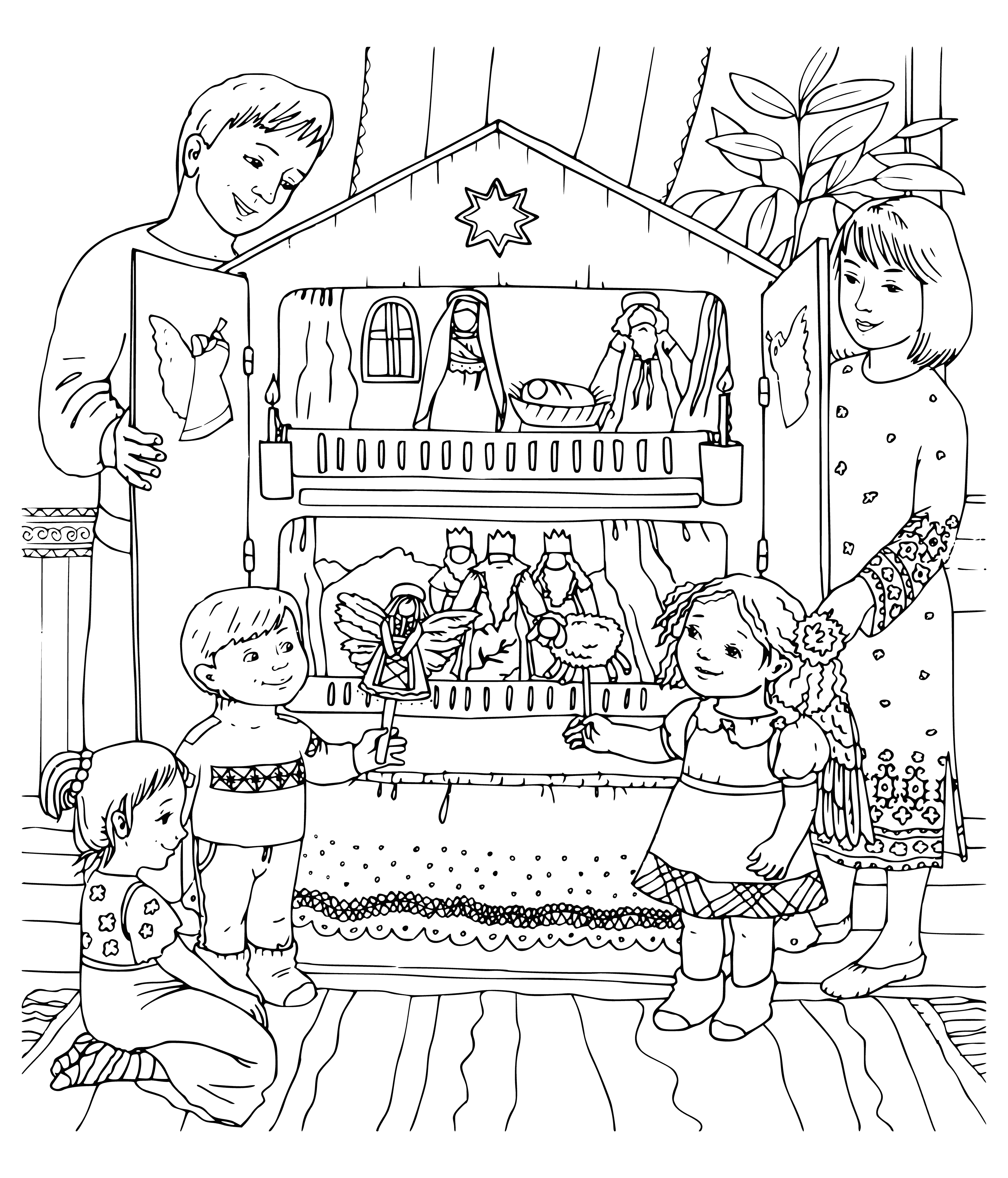 coloring page: A theater with Christmas decorations, a stage set up with a tree & presents, and actors in Santa hats. A festive holiday play is in session! #Christmas